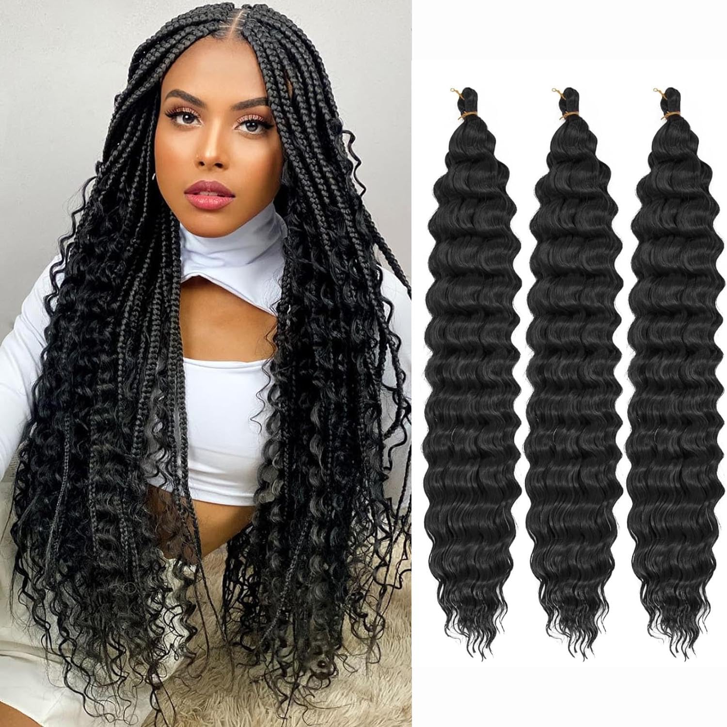 Ocean Wave Crochet Hair 3Packs Deep Wave Braiding Hair Curl Crochet Braiding Hair Extension Ocean Wave Braids Hair for women (1B#, 24Inch) — image 1