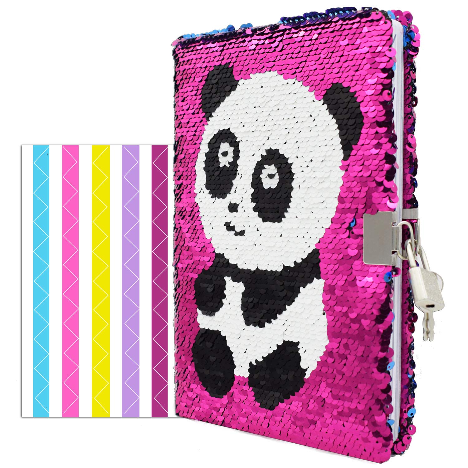 VIPbuy Reversible Sequin Panda Notebook Diary with Lock and Key Lined Travel Journal w/Photo Corner for Kids Girls Gift, Size A5 (215 x140mm), 156 Pages, Rose Red to Blue