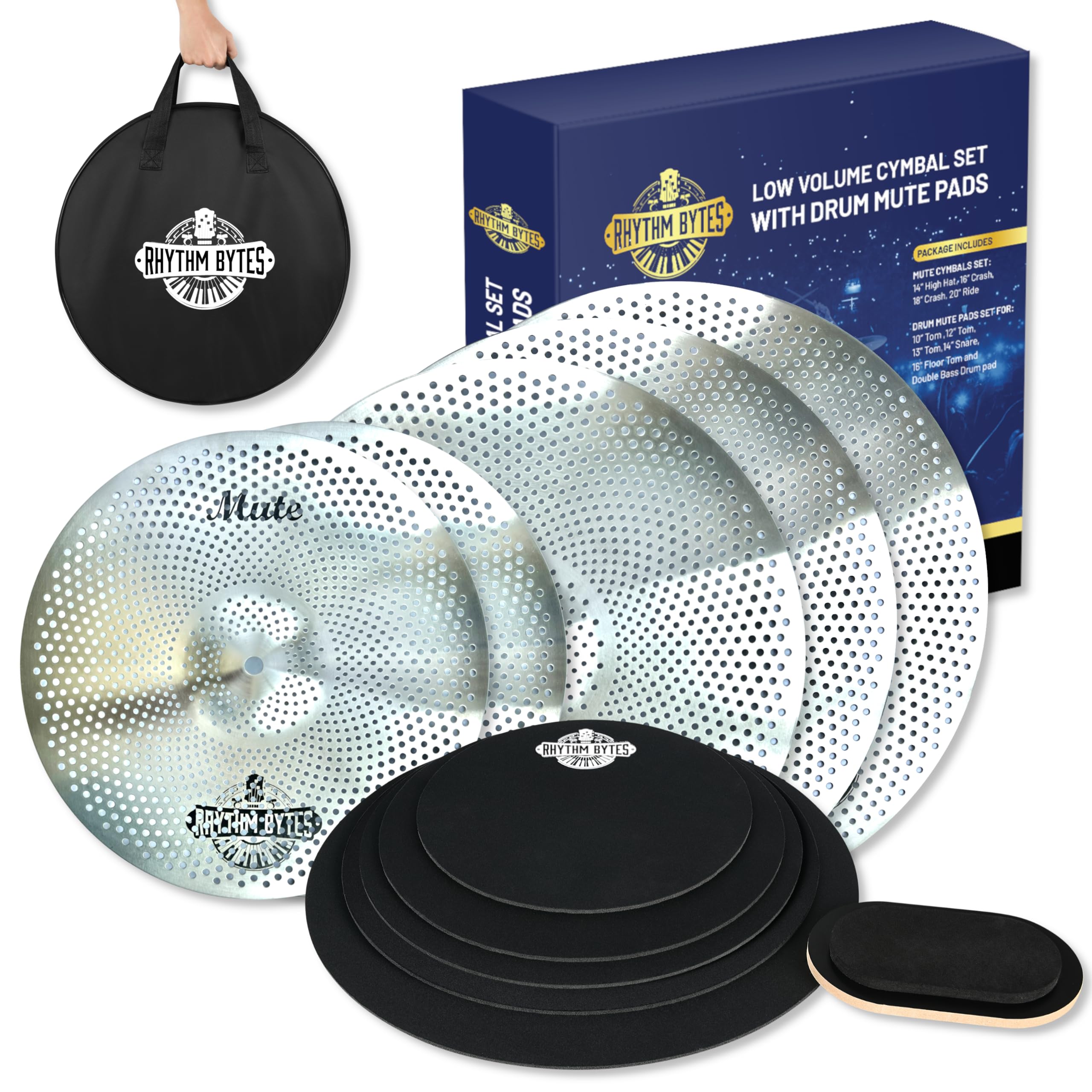 Photo 1 of *** missing parts used*** **Low Volume Cymbal Pack with Drum Mute Pads, 12pcs Cymbal Set & Drum Silencer Pads, Quiet Drum Set Cymbals 14"/16"/18"/20" | Drum Mute Pak 10"/12"/13"/14"/16", 1 Bass Drum Mute Pad, Free Cymbals Bag