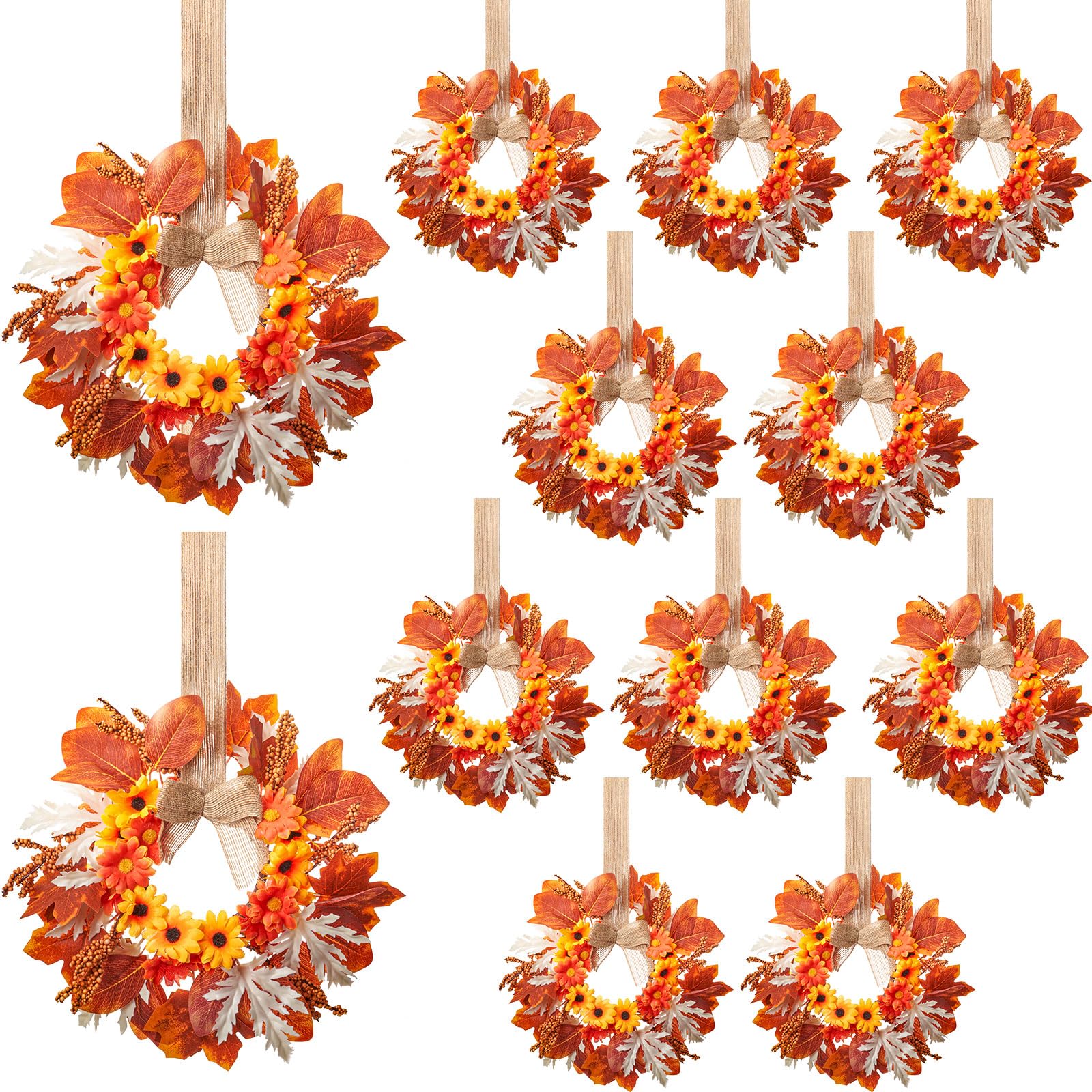 Photo 1 of Hoteam 12 Pcs Fall Mini Wreath Thanksgiving Kitchen Cabinet Wreaths with Bow Ribbon Maple Autumn Artificial Faux Garland Small Farmhouse Decorative Garland for Front Door Wall Window