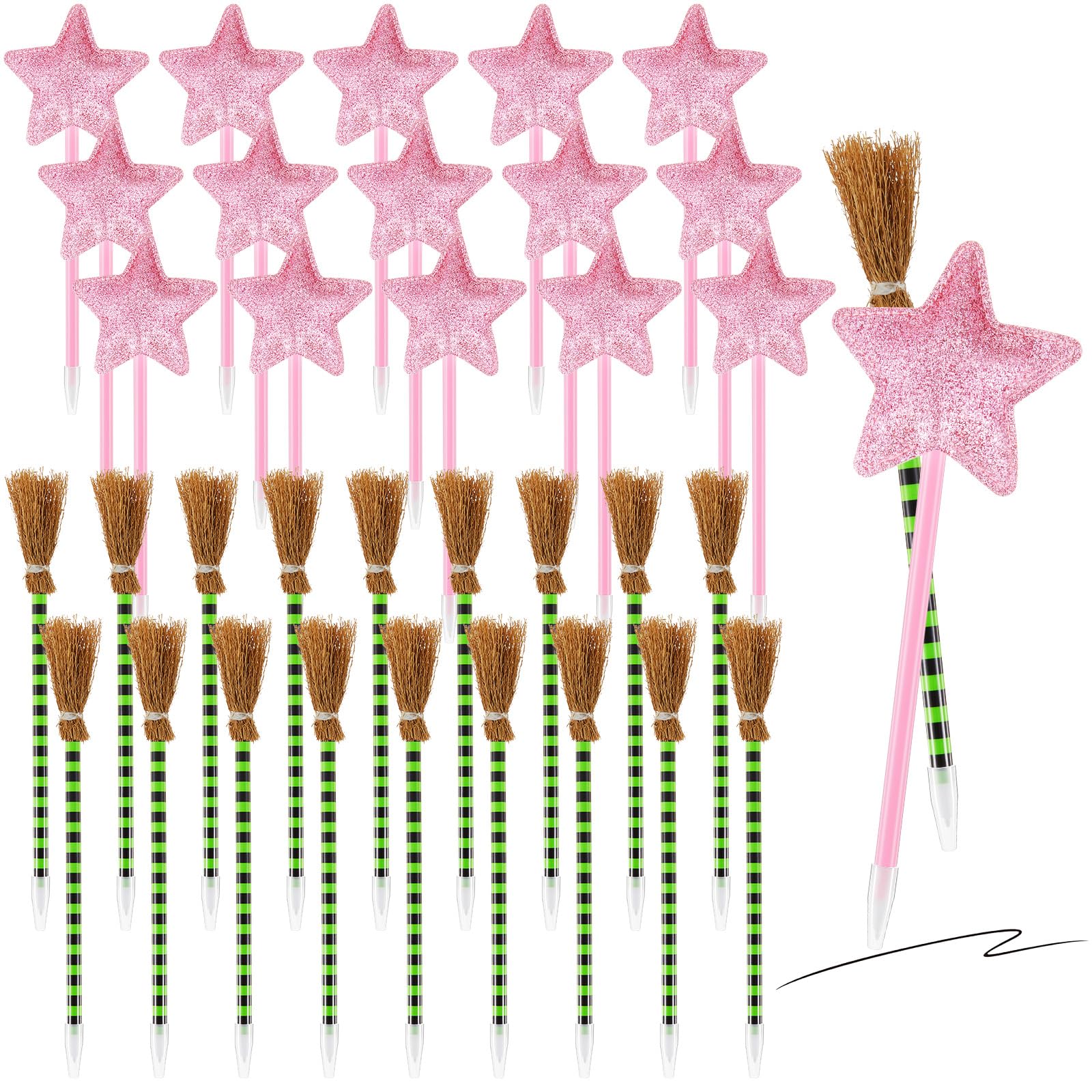 Photo 1 of Geyoga 40 Pack Witch and Princess Pens Party Favors Green Witch Broom and Pink Star Pens for Wizard Themed Party Supplies Birthday Halloween Gifts Supplies Goodie Bag Fillers (Green Stripes)