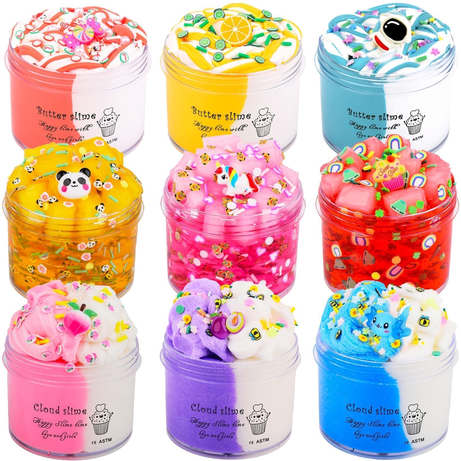 9 Pack Axolotl Slime Kit, with 3 Jelly Cube Crunchy Slime 3 Cloud Slime 3 Butter Slime, for Girls and Boys Party Favors, Stress Relief Toy for Kids, School Education