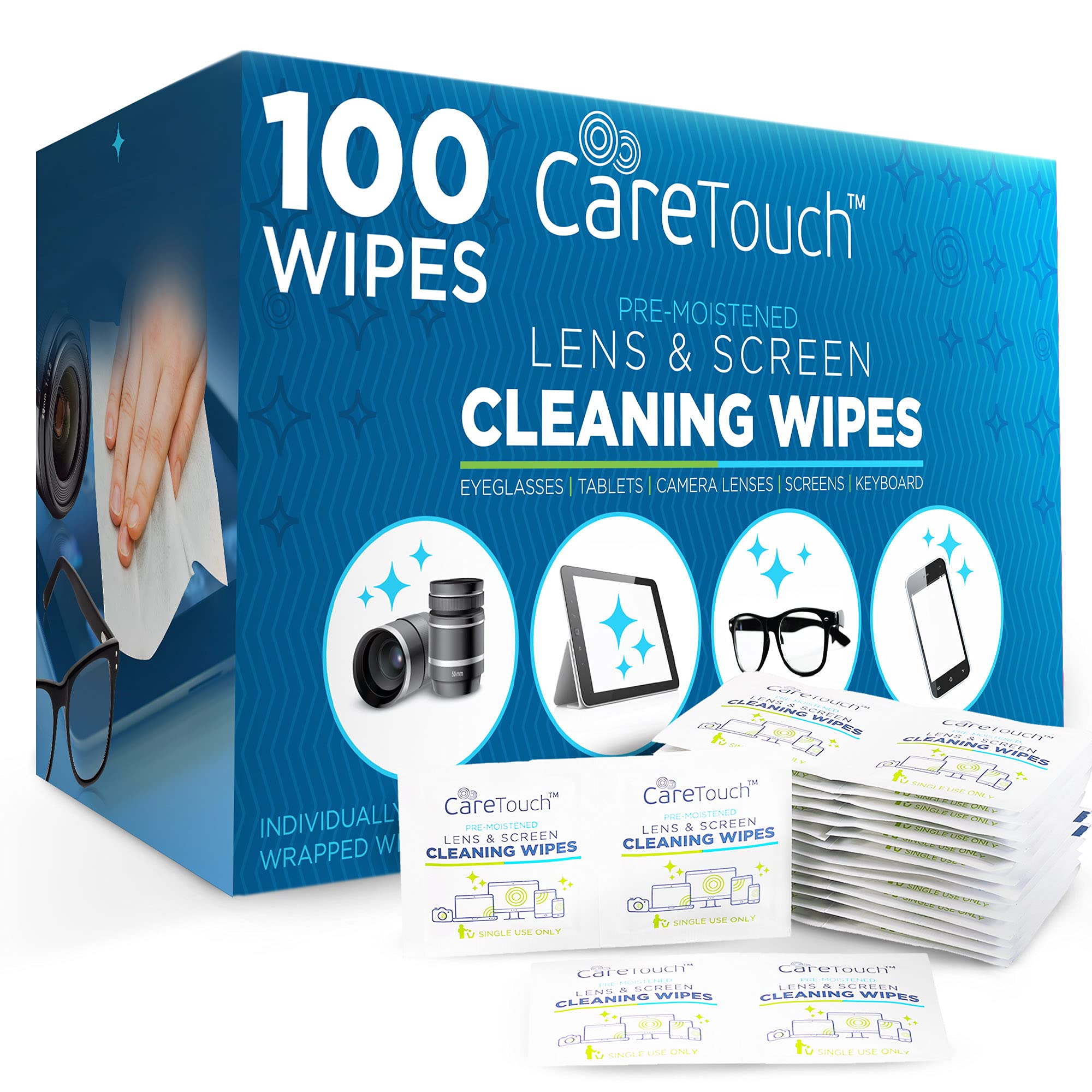 Care Touch Lens Cleaning Wipes - 100 Pre-Moistened and Individually Wrapped Lens Cleaning Wipes - Great for Eyeglasses, Tablets, Camera Lenses, Screens, Keyboards and Delicate Surfaces