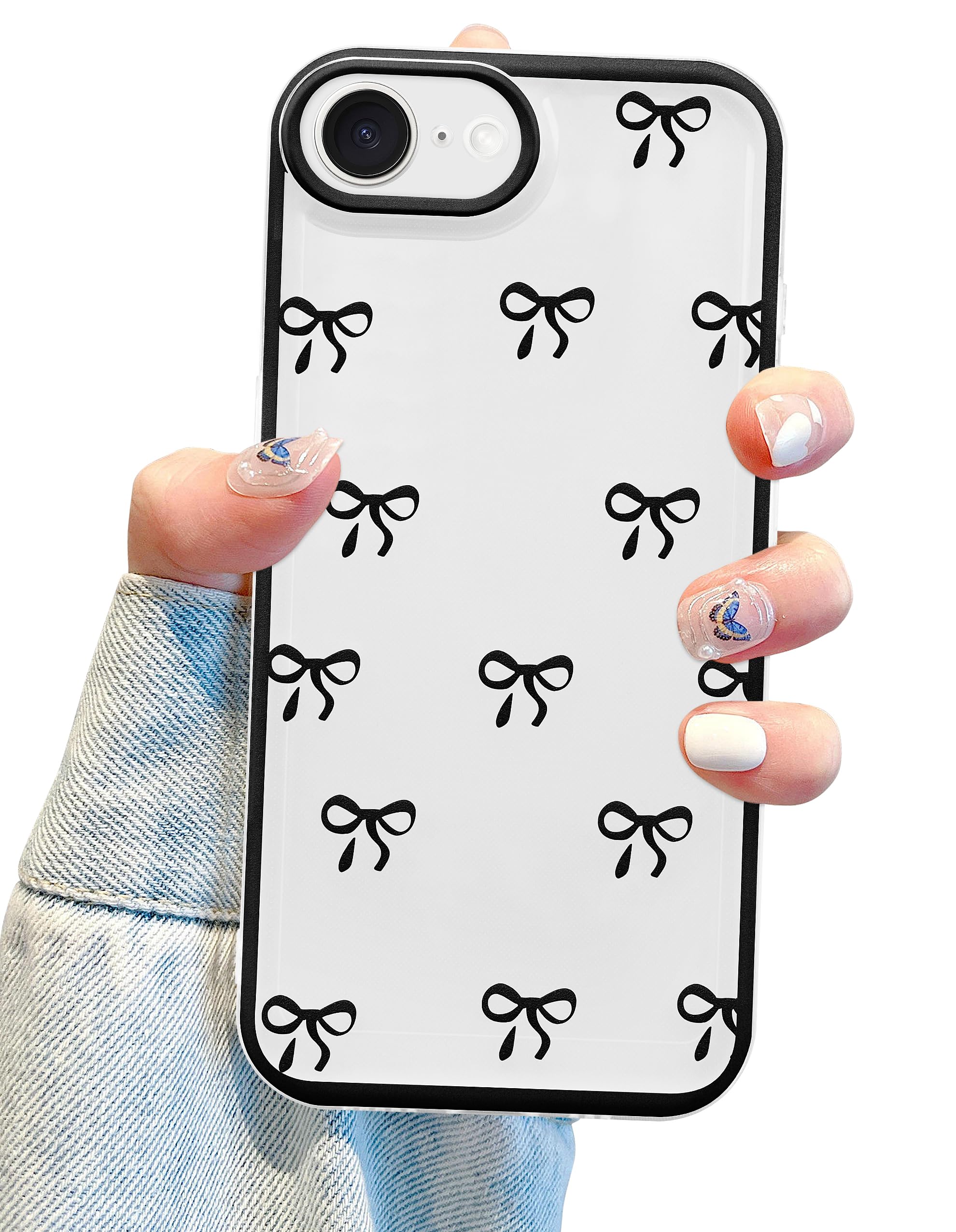 Photo 1 of Jusy Compatible with iPhone 7/8/SE Bow Phone Case, Cute Clear Black Ribbon Bowknot Pattern Aesthetic Soft TPU Transparent Cases Full Camera Protective Phone Cover for Women Girly - Black