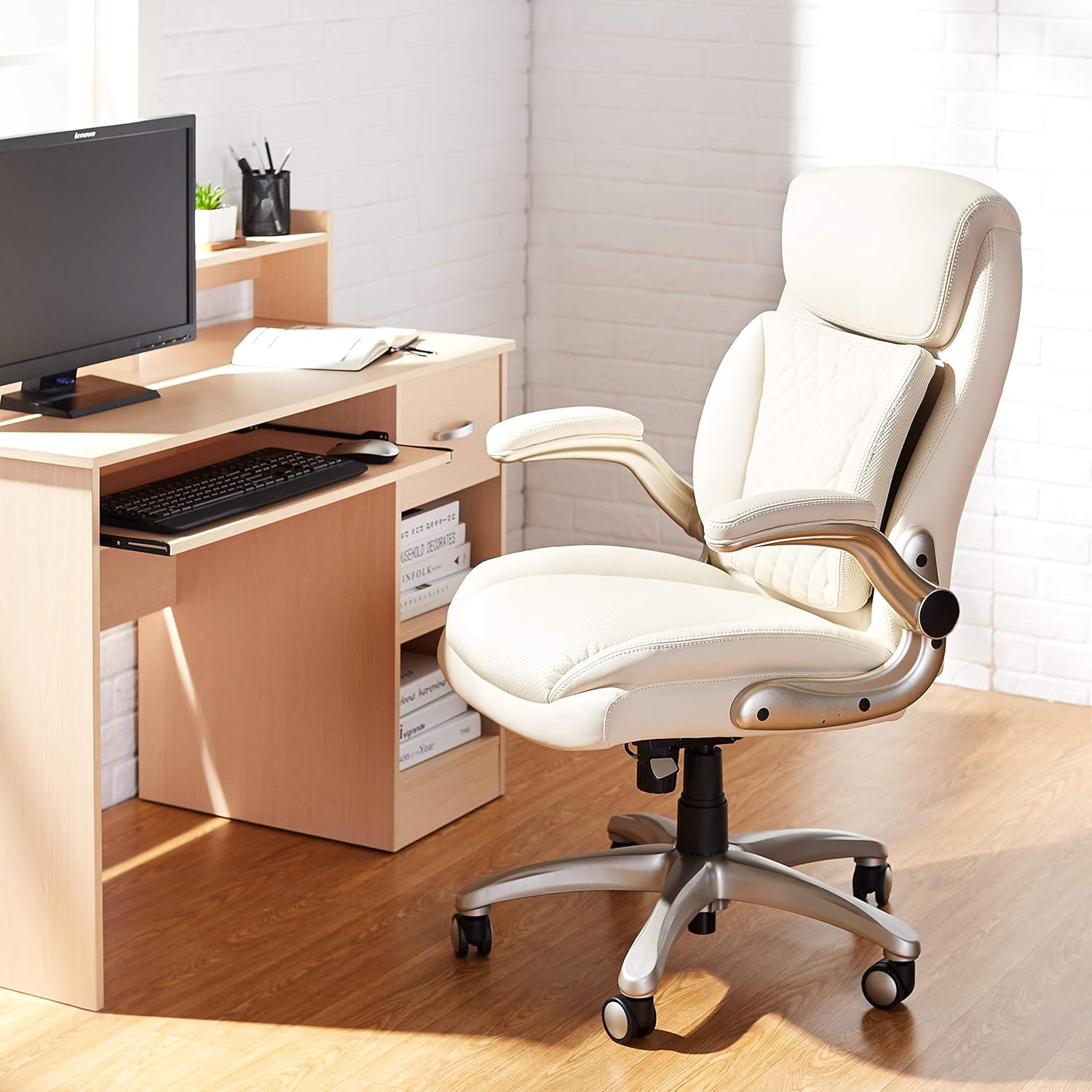 Commercial Ergonomic High-Back Rhombus-Stitched Leather Executive Chair, with Flip-up Armrests and Motive Lumbar Support, Cream/Ivory: Furniture & Decor
