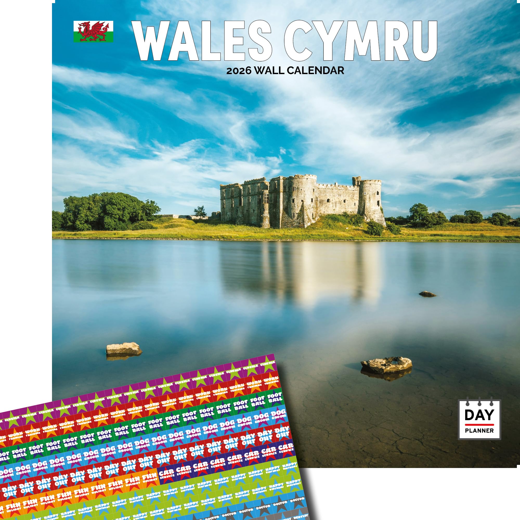 Dayplanner Publishing Wales Calendar 2026, Large Square Wall Calendar With Organisational Stickers, 16 Month, Wales Gift Travel Calendar