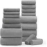 18 Piece Bath Towels Set,Ultra Soft Family Bathroom Towel Set with Hanging Loops-6 Bath Towels,6 Hand Towels,6 Washcloths,Highly Absorbent Quick Dry Shower Towel for Bathroom,Hotel,Spa-Grey Towel Set