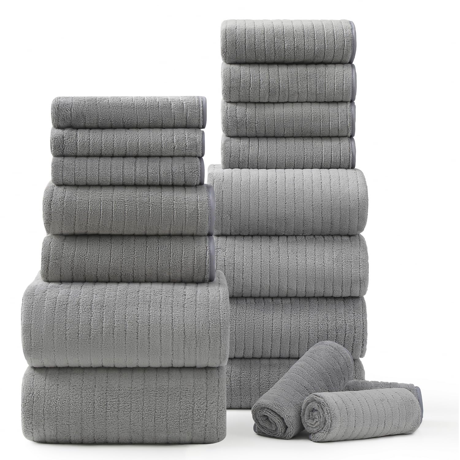 Photo 1 of 18 Piece Bath Towels Set,Ultra Soft Family Bathroom Towel Set with Hanging Loops-6 Bath Towels,6 Hand Towels,6 Washcloths,Highly Absorbent Quick Dry Shower Towel for Bathroom,Hotel,Spa-Grey Towel Set