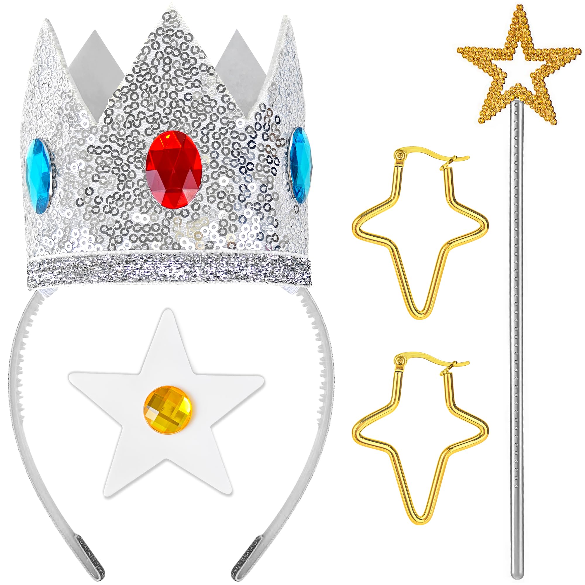 Goenb Princess Rosalina Crown Accessories Kit, Princess Costume Accessories with Crown, Brooch, Earrings, Wand for Girls & Women, Fancy Dress Up