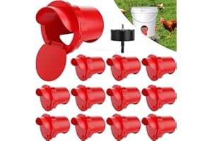 HIPYKAT Chicken Feeder Port 12pcs Poultry No Waste Port Kit with Stopper Lid, 1 Hole Saw, DIY Automatic Reusable Coop Feeders, Rain Proof Gravity Feeding Geese Duck Hens Rooster for Bucket Barrel Bin (Red)