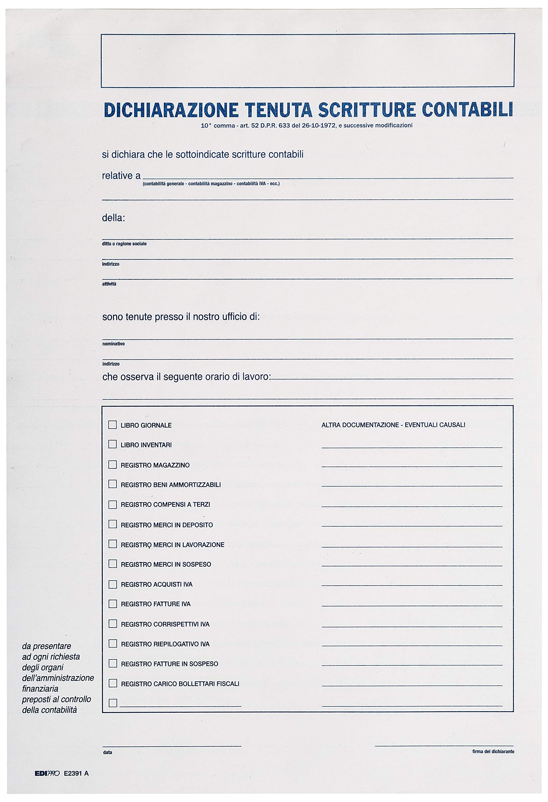 EDIPRO - E2391/A - Reporting held Accounting Entries with Third Parties 2 Copies Snap f.to 31x24,5