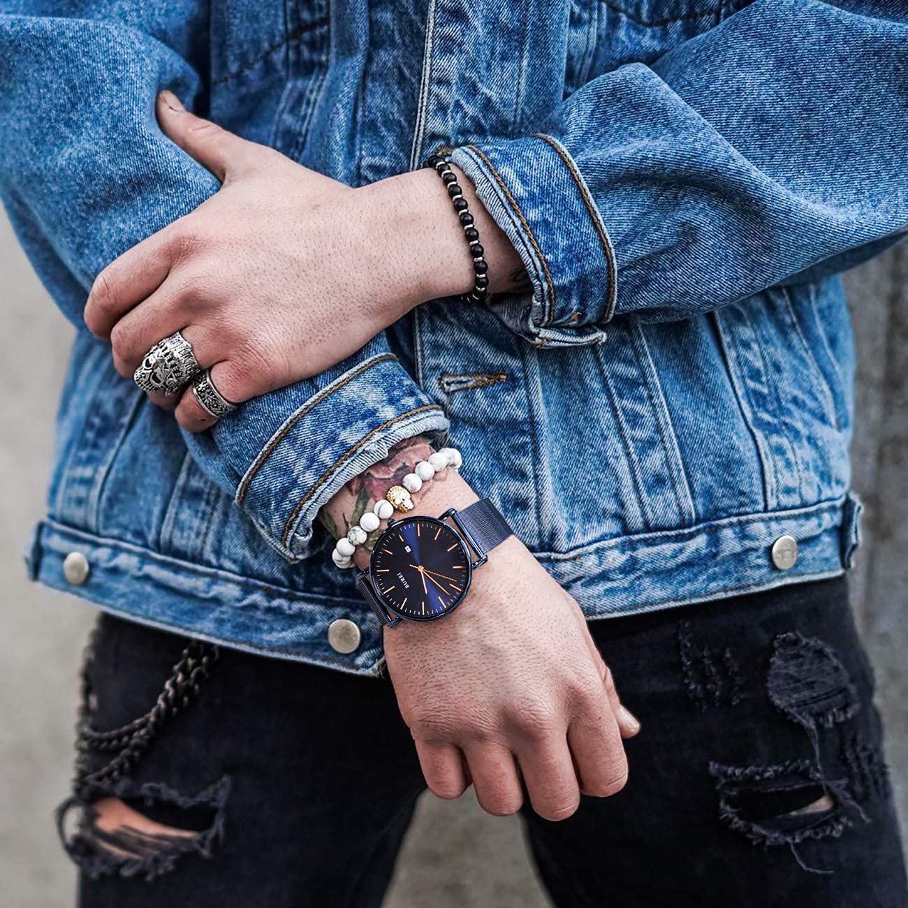 Burei Men's Wrist Watch, Stylish, Minimalist, Ultra Thin Commuter Net Strap, Quartz, Waterproof, Birthday Gift, bule