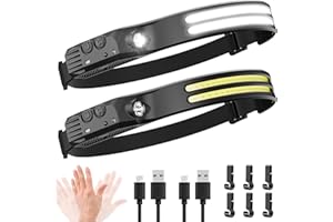 Beccason 2PCS LED Headlamp Rechargeable - 230° COB Super Bright Head Lights for Forehead, Hard hat Light for Adults, USB C Headband Flashlight for Work, Hiking, Running, Camping Essentials Gear