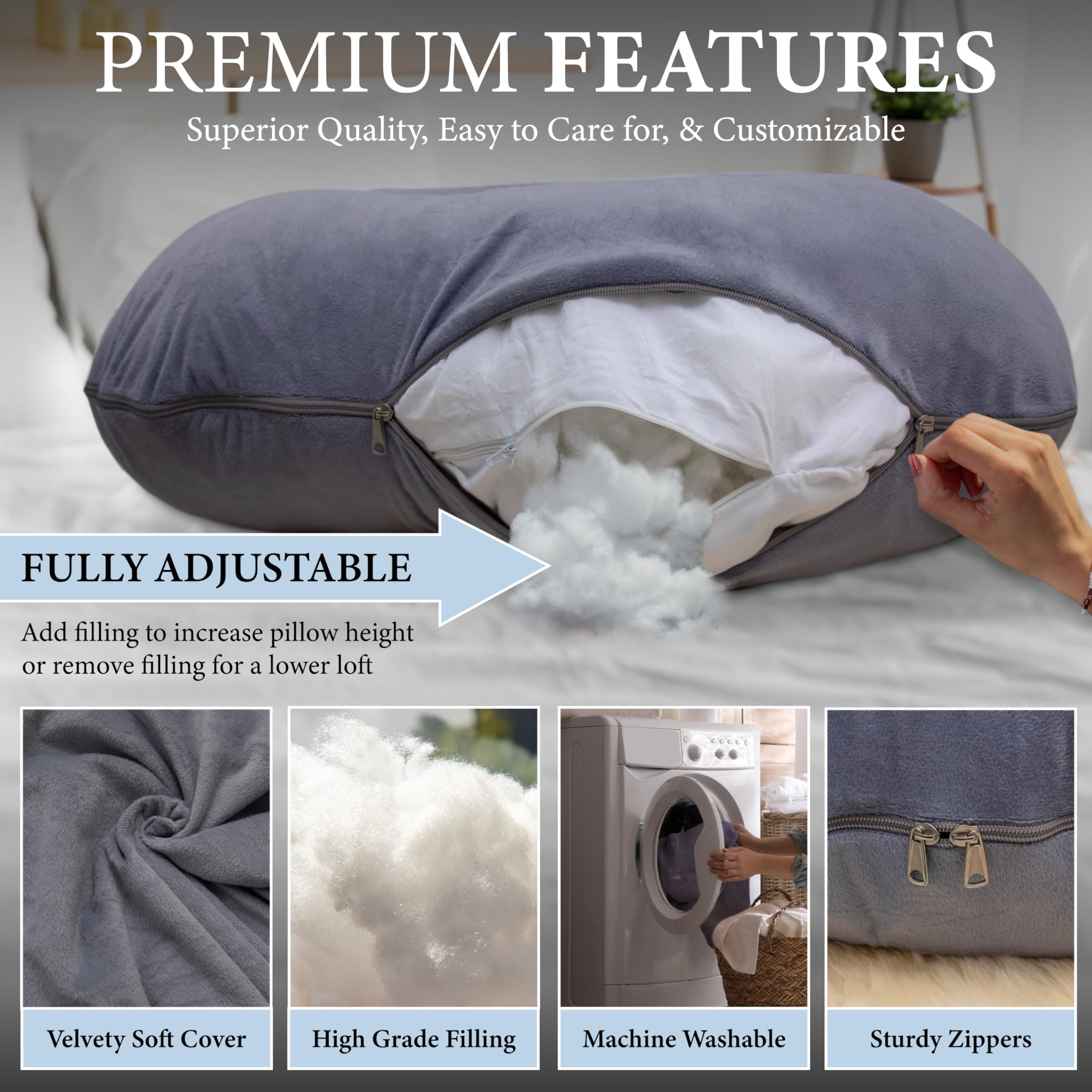 Pharmedoc Pregnancy Pillows, U-Shape Full Body Pillow -Removable Cover Jumbo Size - Gray - Pregnancy Pillows for Sleeping - Body Pillows for Adults, Maternity Pillow and Pregnancy Must Haves