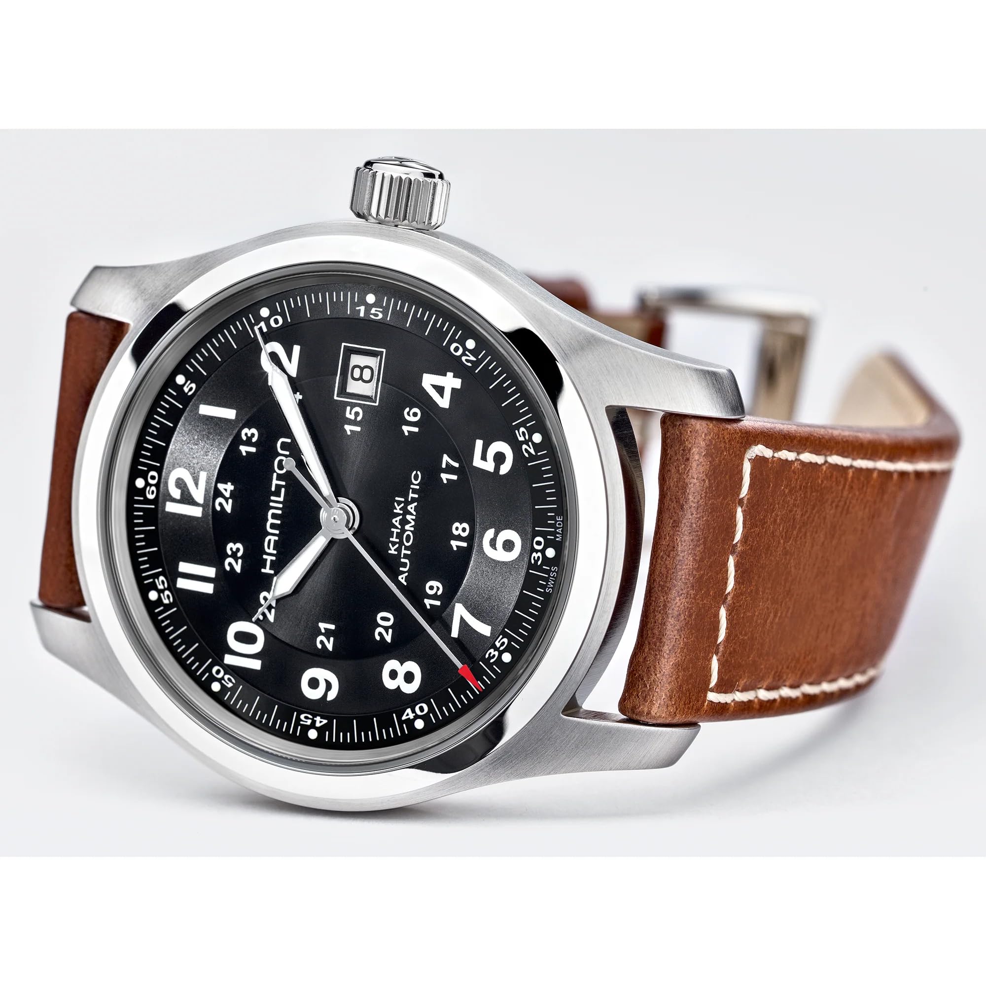 Hamilton Watch Khaki Field Auto | Swiss Made | 42mm Stainless Steel Case | Black Dial Analog Watch | Leather Strap (Model: H70555533)