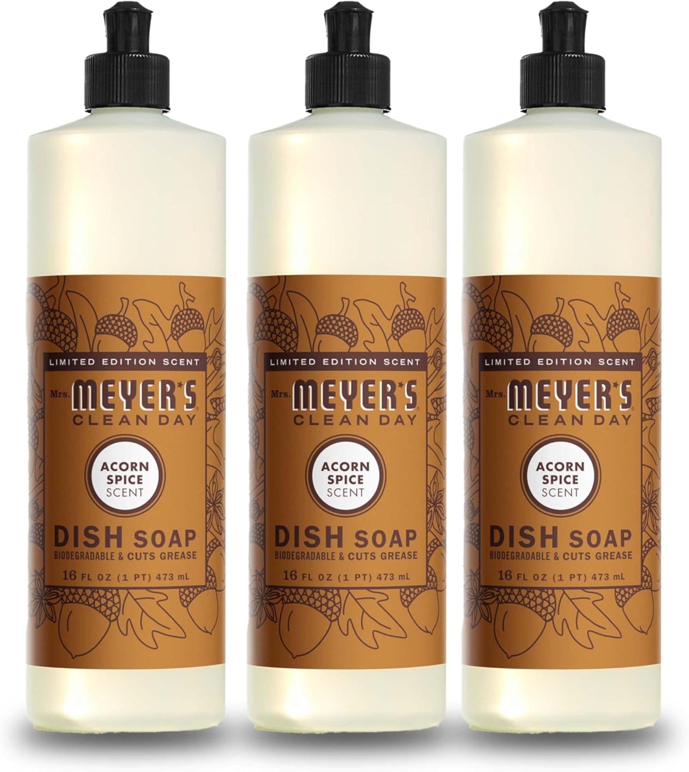 Photo 1 of MRS. MEYER'S CLEAN DAY Liquid Dish Soap, Biodegradable Formula, Limited Edition Acorn Spice, 16 fl. oz - Pack of 3