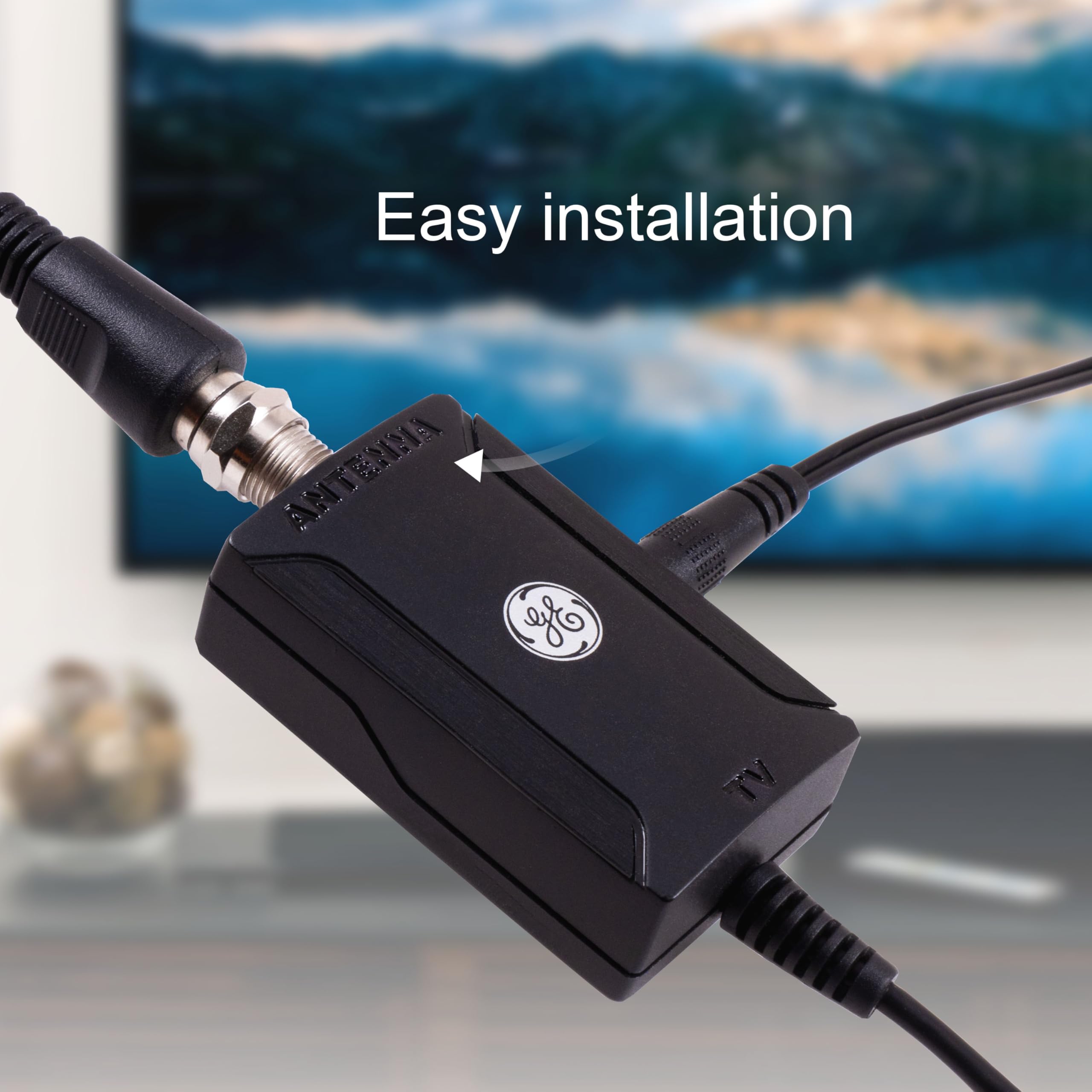 GE Indoor TV Antenna Amplifier, Antenna Signal Booster, HD TV Digital VHF UHF, Low Noise, AC Power Adapter, Black, 42178