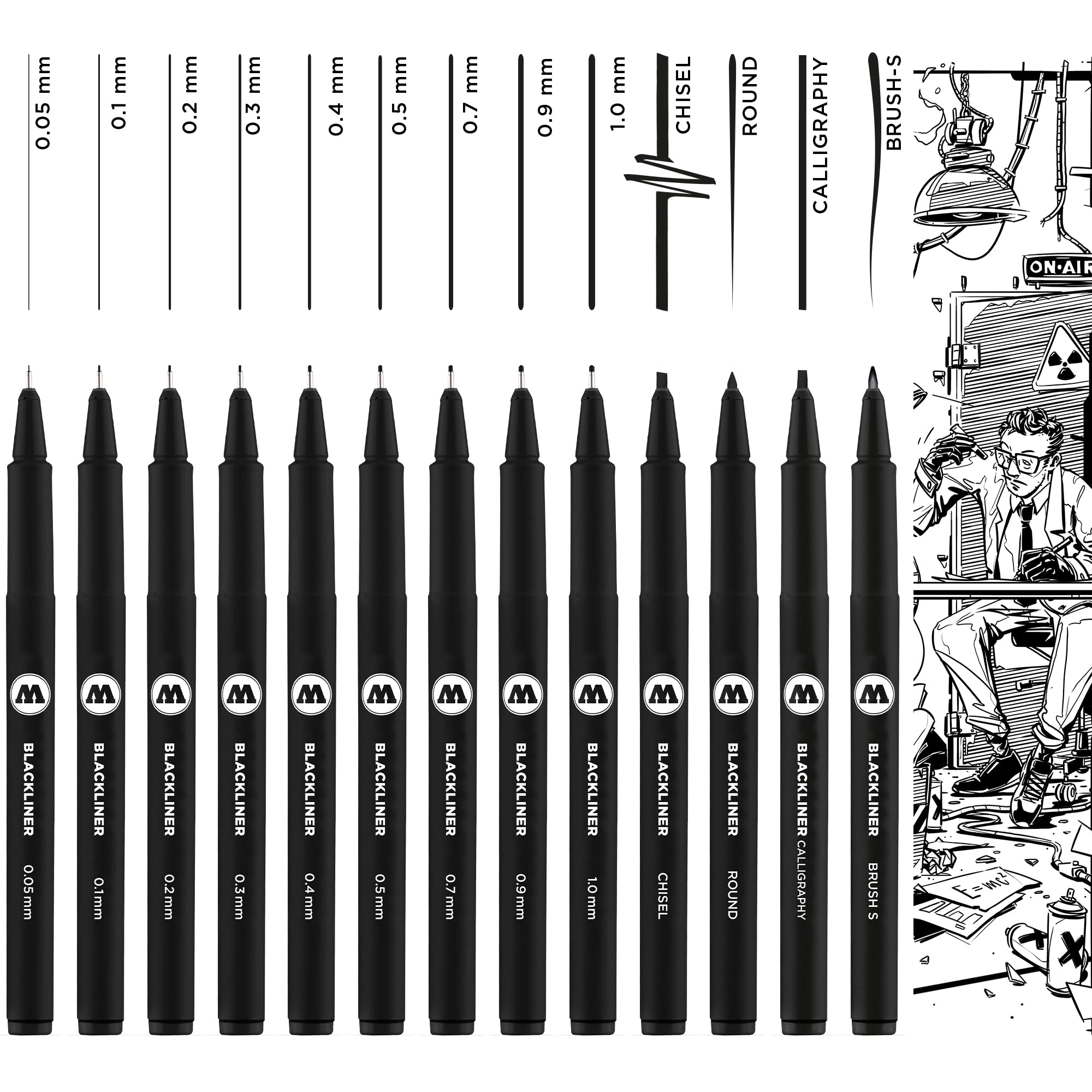 Molotow Blackliner Complete Set of 13 (Line Width 0.05 mm to 1.0 mm and Special Tips, Fineliner with Permanent, Indelible Ink) 13 Pieces Black