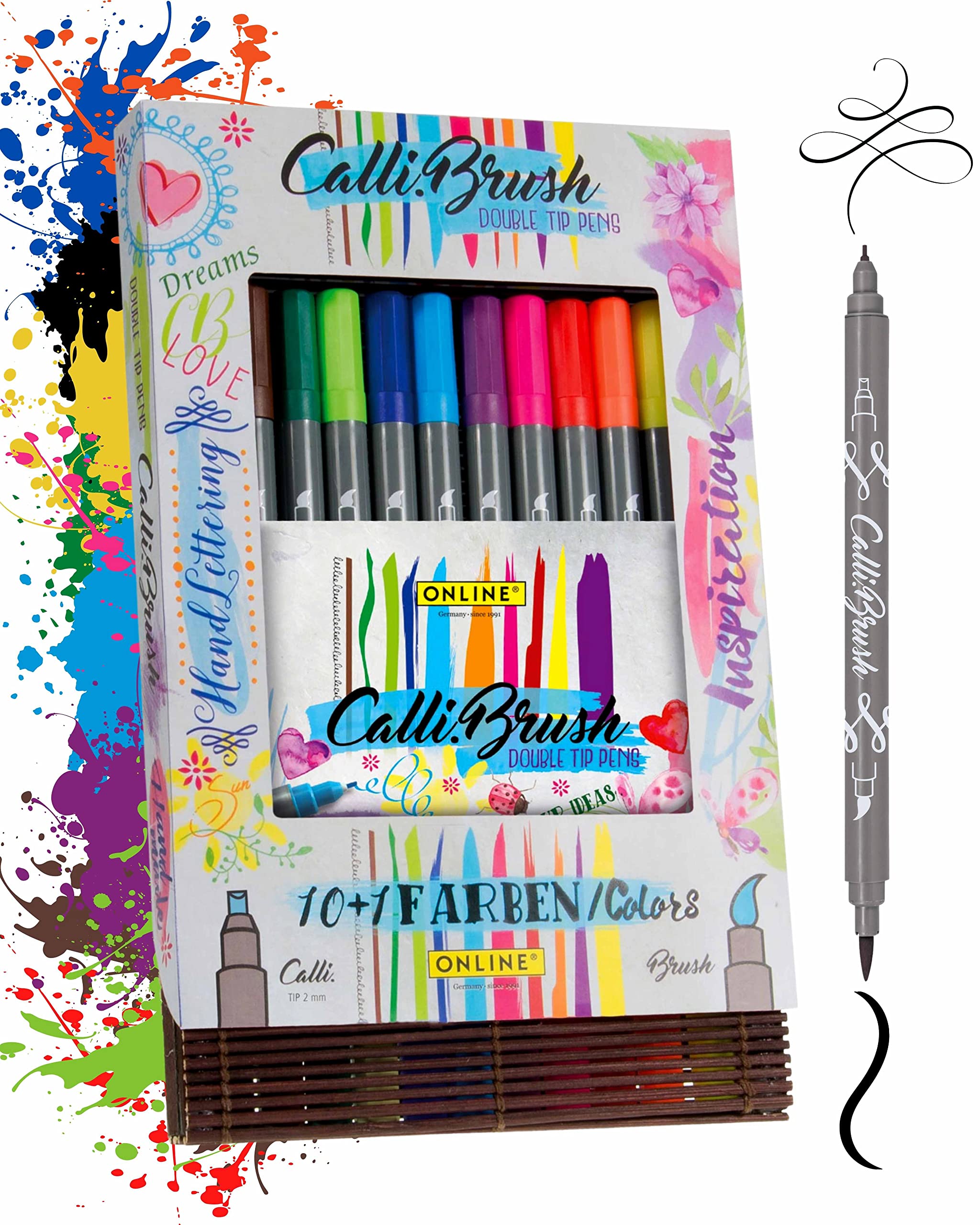 ONLINE Brush-Pen Set Calli.Brush I 11 Double-tip Brush pens with Calligraphy tip & Brush tip I Colorful handlettering pens for Calligraphy, Bullet journals & Co. I in Bamboo Box