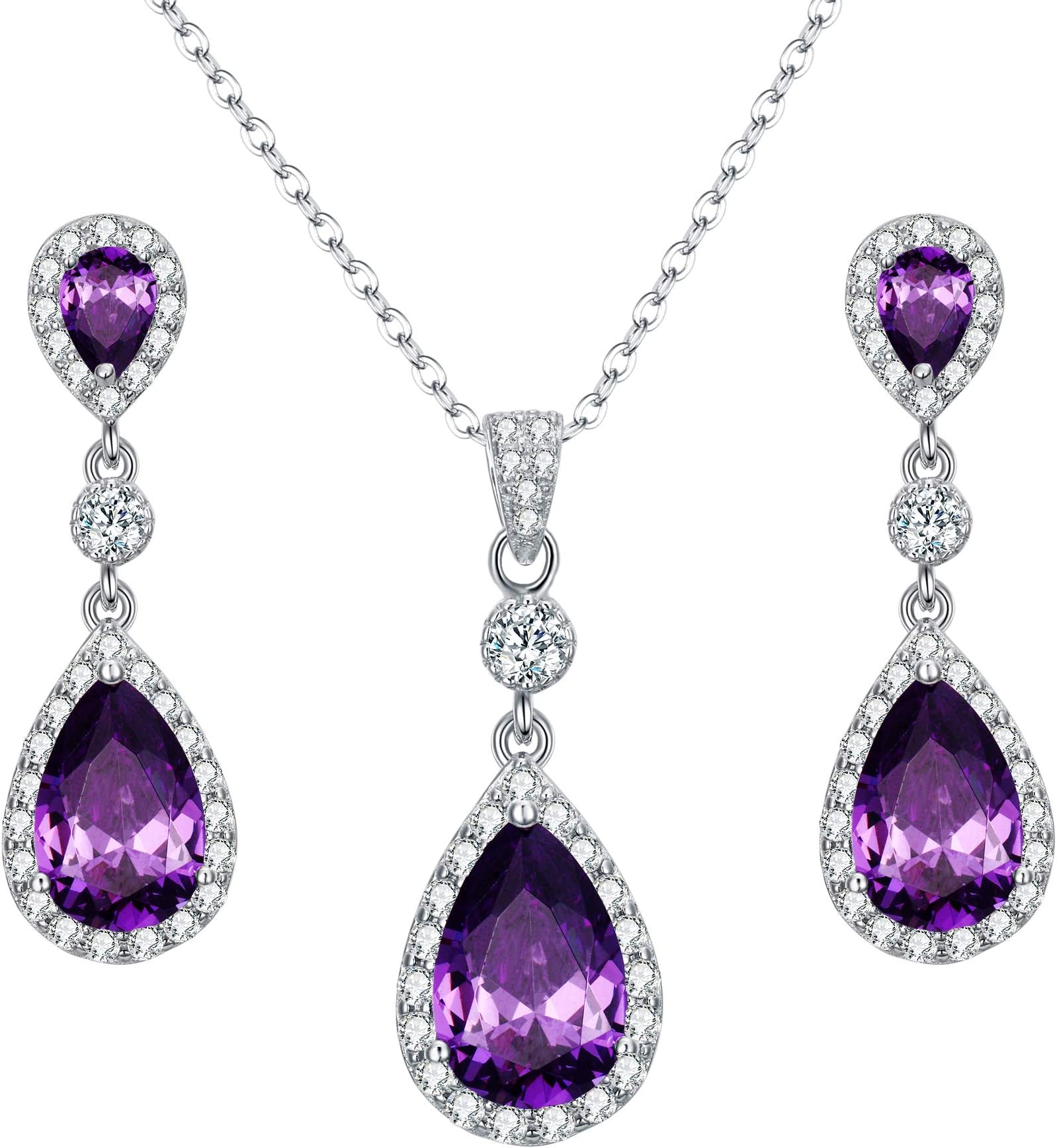 925 Sterling Silver Full Cubic Zirconia Teardrop Bridal Pendant Necklace Dangle Earrings Set