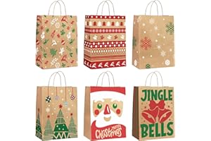 Ginkgo 24-Pack Christmas Gift Bags – 6 Assorted Xmas Designs, Small Christmas Goody Bags Bulk with Handles for Wrapping Gifts, Party Favors and Holiday Decor