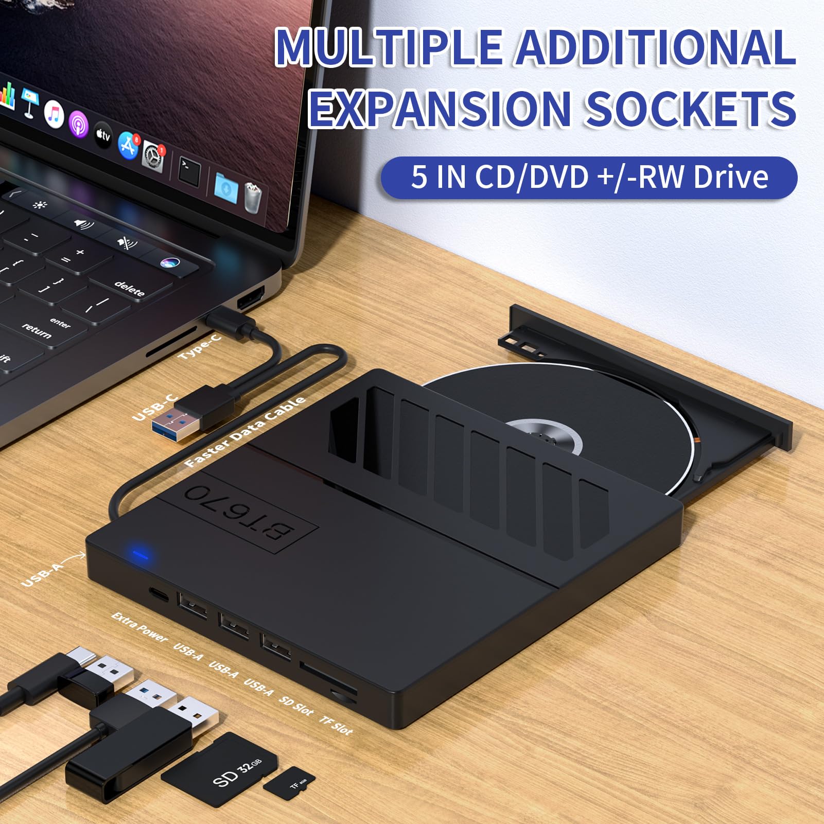 APPINESSEY External CD/DVD Drive for Laptop, 7 in 1 USB Ultra-Slim Portable CD/DVD Player Burner, Slot Type CD ROM Burner Writer External Disk Drive Compatible with Laptop PC MacBook Windows Linux