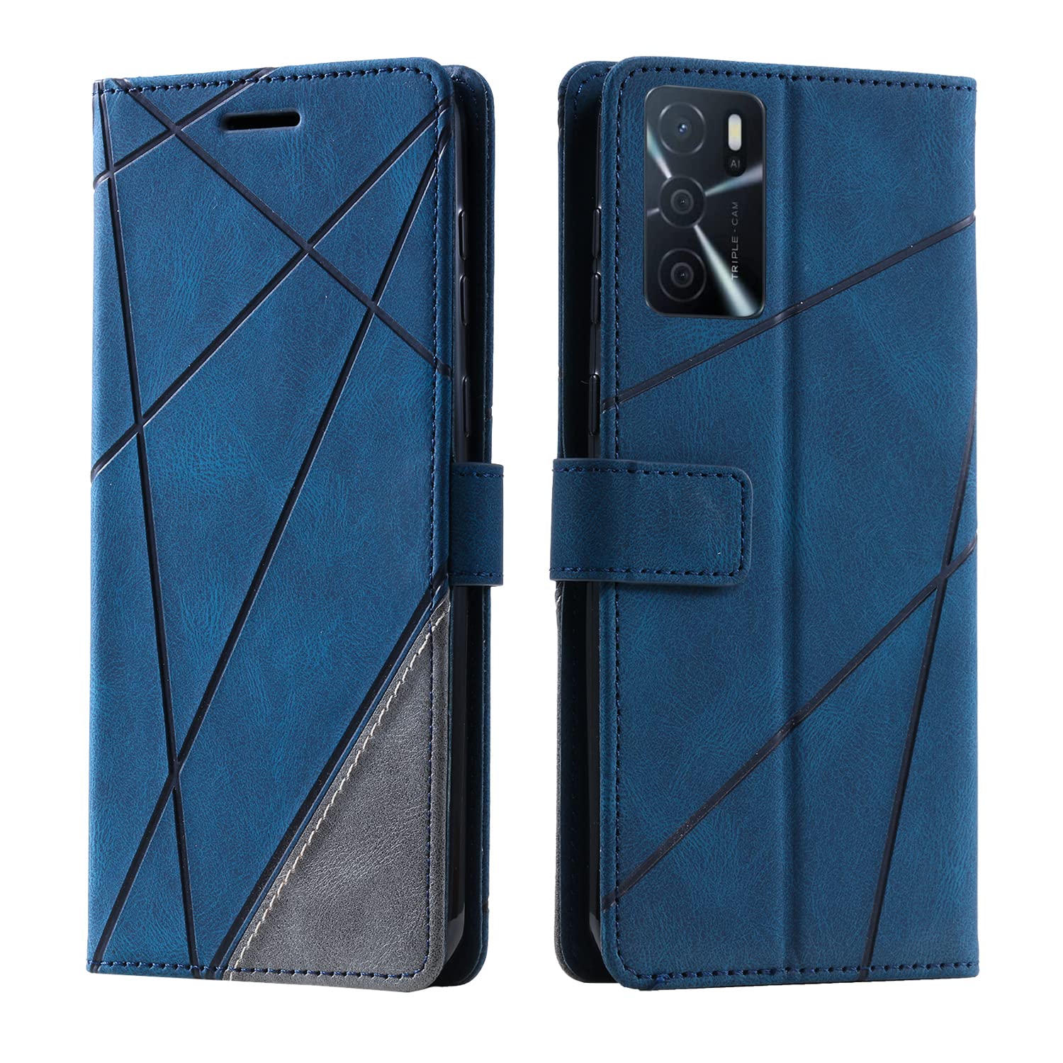 Oppo A16S/A16/A54S Case: Premium Leather Stand Notebook Wallet Phone Case Flip Folio TPU Bumper Magnetic Clasp Protective Cover with Card Slot Photo Slot, Blue