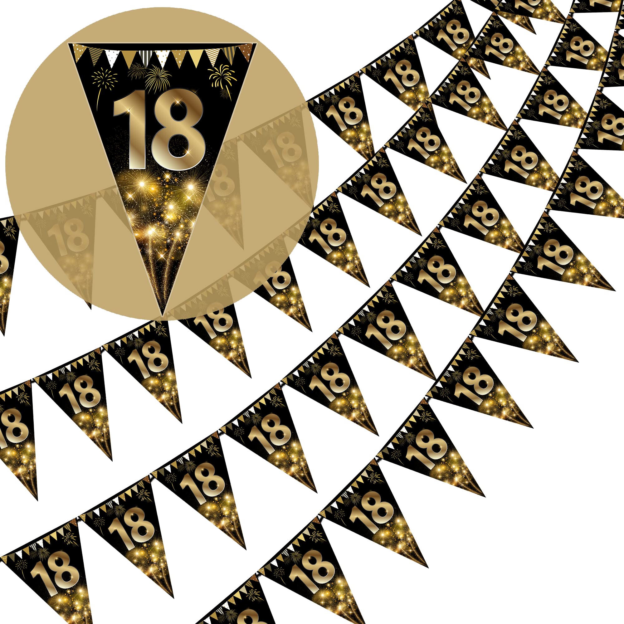 40Pcs Happy 18th Birthday Banner Bunting Flags Gold and Black Glitter Anniversary Party Decoration Supplies, Triangle Flag Banners for Men Women