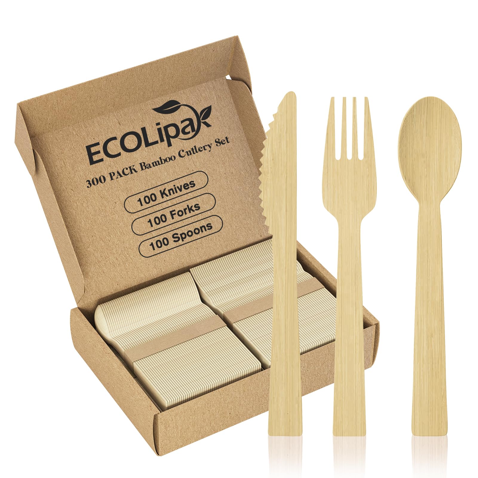 Photo 1 of (New)ECOLipak 300 Count Bamboo Cutlery Set, 100 Knives, Forks and Spoons each, No Splinters Disposable Cutlery Set Compostable Utensils for Party, Camping, Traveling, Family Dinners