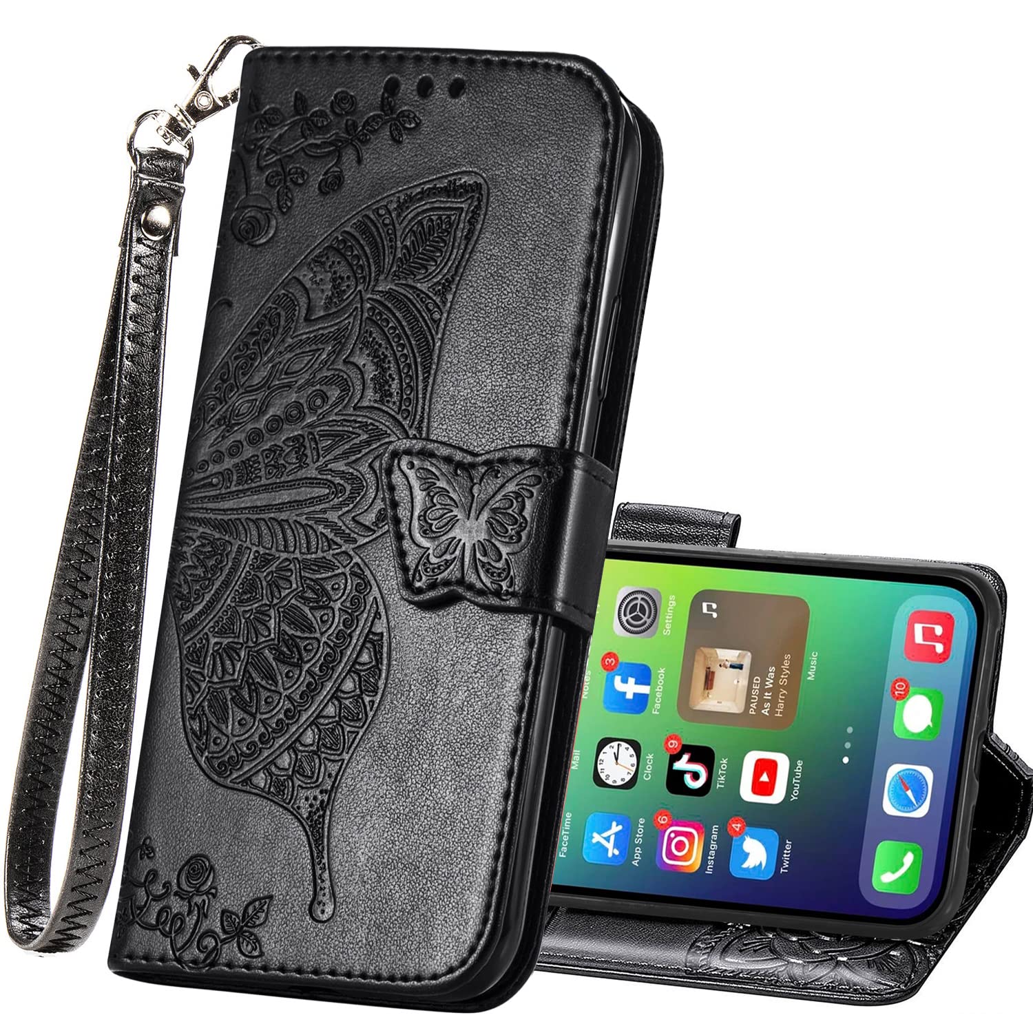 HAOTP for iPhone 17 Pro Max Phone Case Wallet,Women Flip Folio Cover with Credit Card Holders Emboss Butterfly Flower PU Leather Purse Wrist Strap Kickstand Case for Woman Man Black