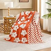 XIBLC Checkered Throw Blanket, Orange Flower Blanket for Couch, 50"x60" Soft Plaid Knit Blanket for Home Decor, Reversible Checkerered Blankets for Sofa, Chair, Bed