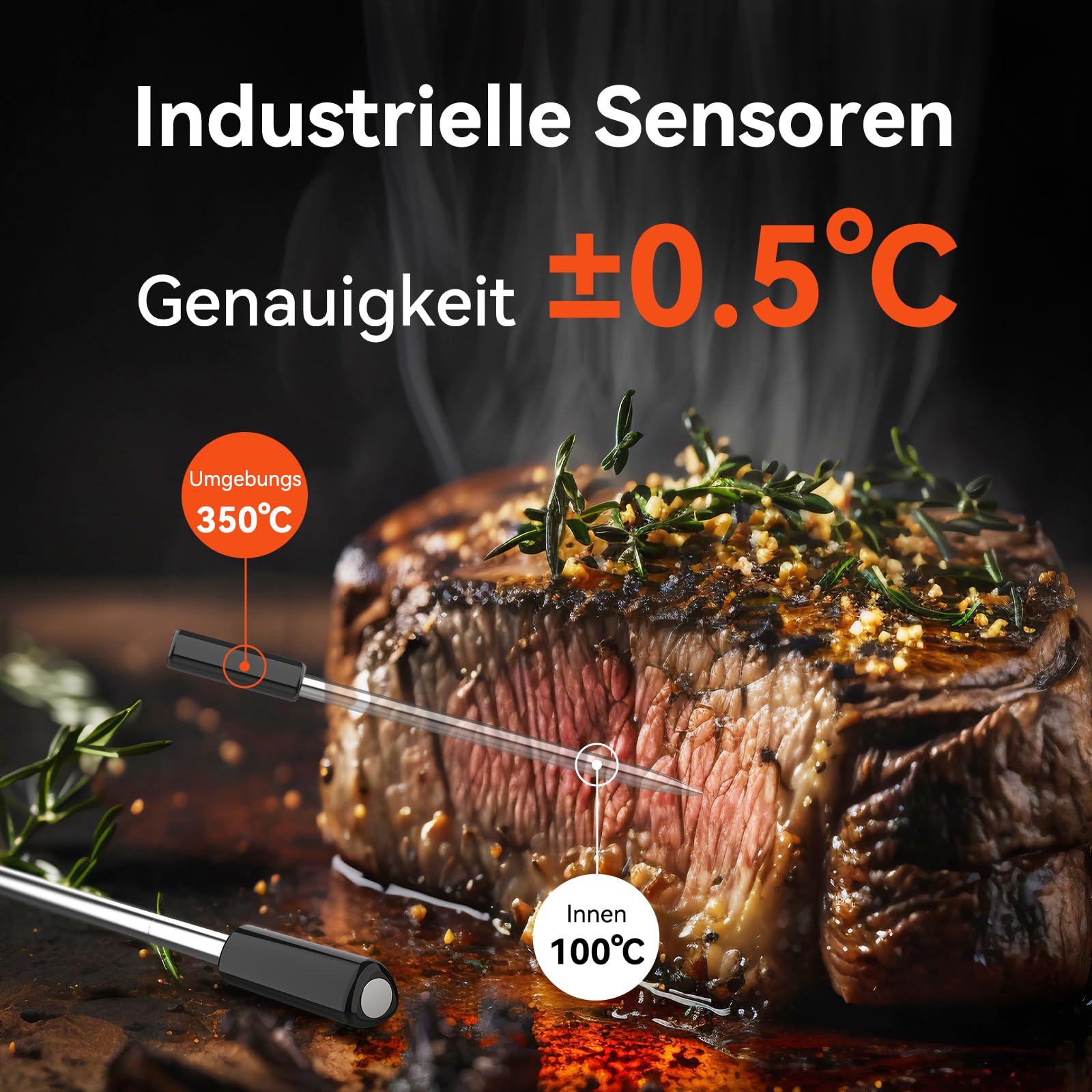 Meatmeet Pro Fleischthermometer Kabellos mit WLAN und Bluetooth, App-Überwachung mit Timer und Alarm, IP67 wasserdicht und ölbeständig, kabelloses Fleischthermometer für BBQ, Backofen, Grill, Küche 3
