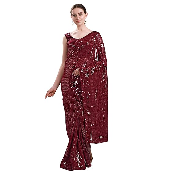 Women's Navy Blue and Maroon Georgette Sequence Saree With Unstitched Blouse Piece