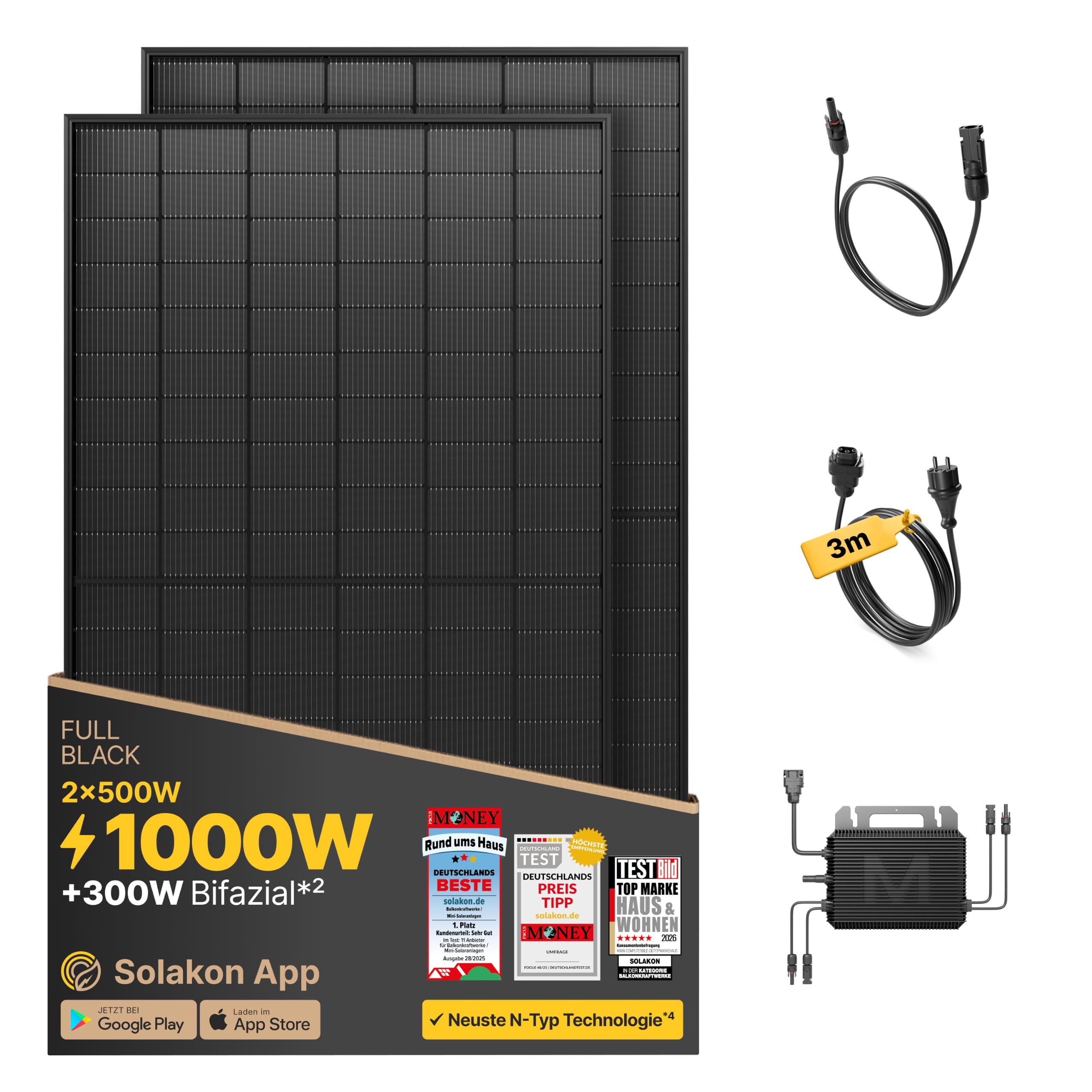 Solakon® 1000W Balkonkraftwerk - Balkonkraftwerk 800W komplett Steckdose - neuester 800 Watt Wechselrichter - Solaranlage Komplettset - 500W bifaziale Solarmodule inkl. Zubehör - 3m Kabel