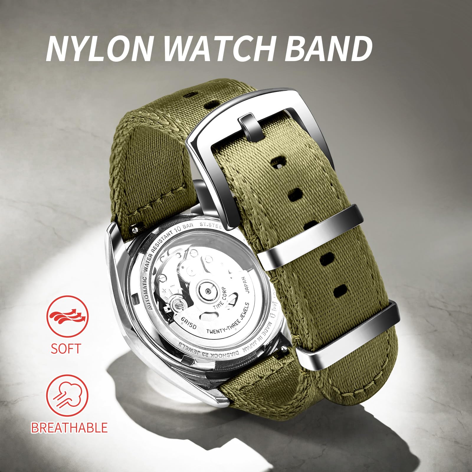 ULLCHRO Nylon Watch Strap Replacement Canvas Watch Band Military Army Men Women - 18mm, 20mm, 22mm, 24mm Watch Bracelet with Stainless Steel Silver Buckle