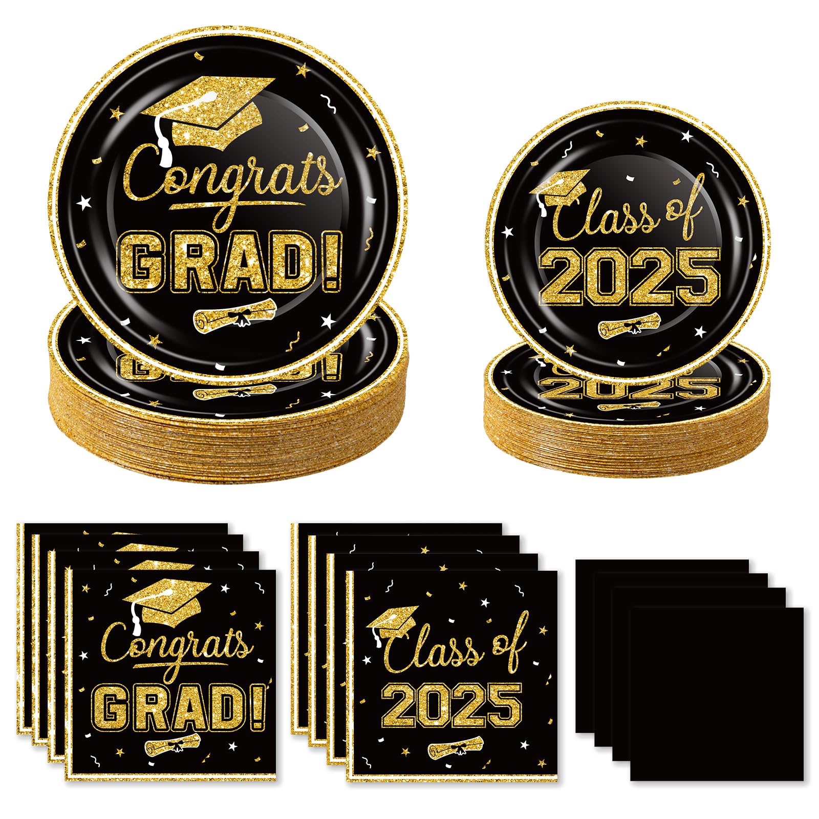 Photo 1 of 2025 Graduation Party Supplies Tableware Set - 200 Pcs Black Gold Graduation Plates and Napkins Class of 2025 Disposable Dinnerware for College High School Congrats Graduation Party favors, Serve 50