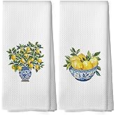 XPH Chinoiserie Kitchen Dish Towels Set of 2, Lemon Tree Fruit Summer Decor Accessories, Vintage Blue and White Porcelain Hand Towels, 16x24 inch