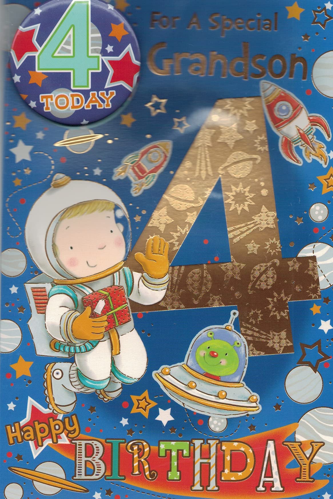 SPECIAL GRANDSON AGE 4 BIRTHDAY CARD WITH BADGE**9 X 6 INCHES**AG1