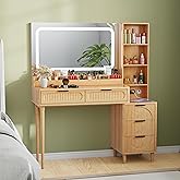 VDNEND Fluted Makeup Vanity Desk, Modern Large Dressing Table with Mirror & Lights, Charging Station, 5 Storage Drawers and O