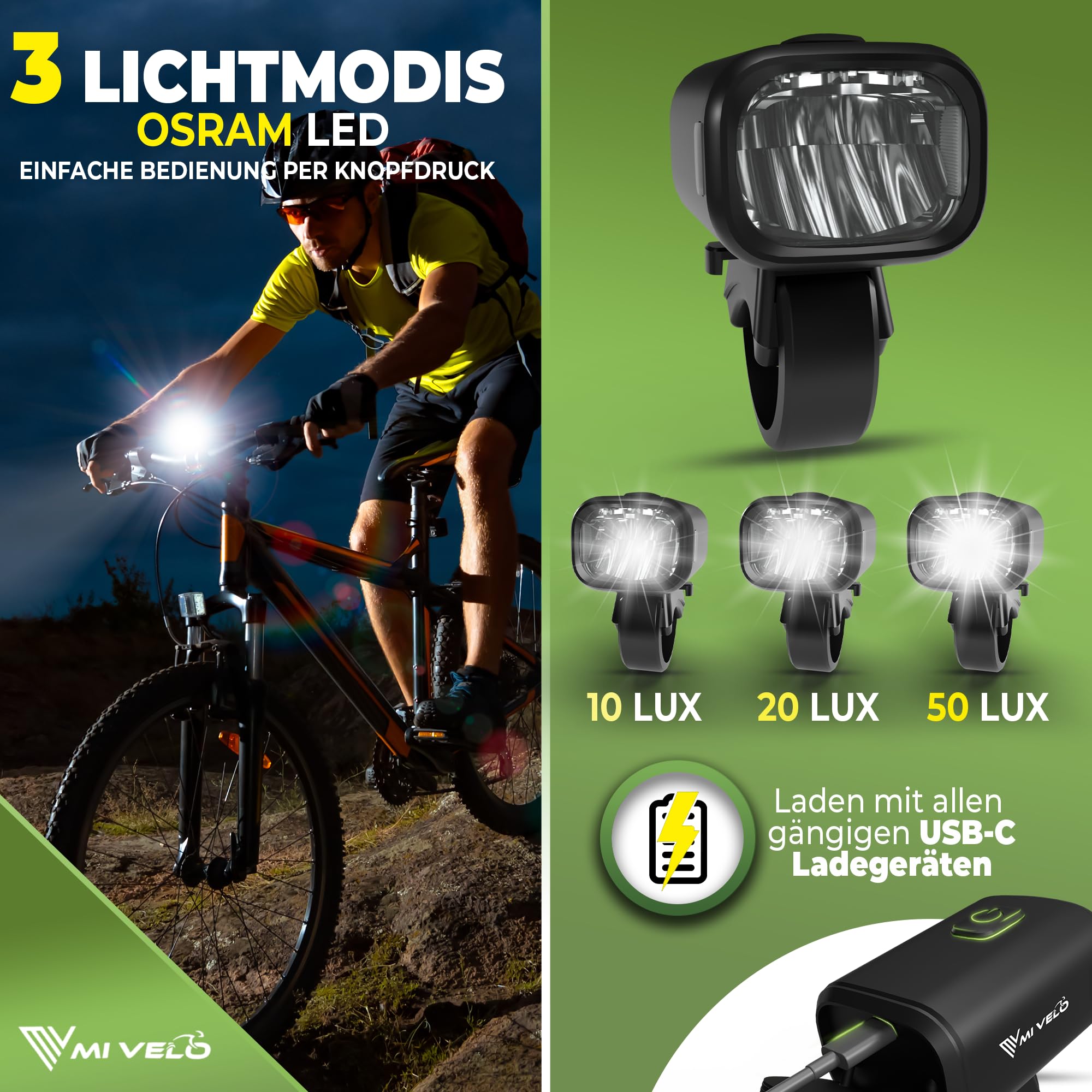 MIVELO Fahrradlicht Set mit Power-Akku, StVZO zugelassene Fahrradbeleuchtung USB aufladbar & wasserdicht, Fahrradlampe vorne & Fahrrad Rücklicht, Energieklasse A+++ (Spark ONE) 2