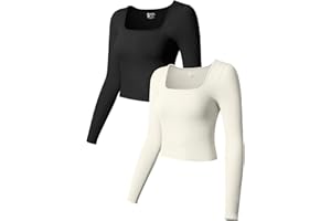 OQQ Women's 2 Piece Crop Tops Long Sleeve Square Neck Underscrubs Stretch Fitted Layer Tee Shirts Tops