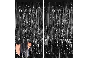 YEURFONTASY Black 2 Pack Metallic Tinsel Foil Fringe Curtains, 3.3x8.3 Feet Black Streamers for Party, Door Streamers Party Decorations, Party Streamers for Birthday Christmas Party Decorations