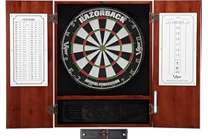 Viper Metropolitan Solid Wood Cabinet & Sisal/Bristle Dartboard Ready-to-Play Bundle: Elite Set (Razorback Dartboard, Darts and Laser Throw Line), Cinnamon Finish