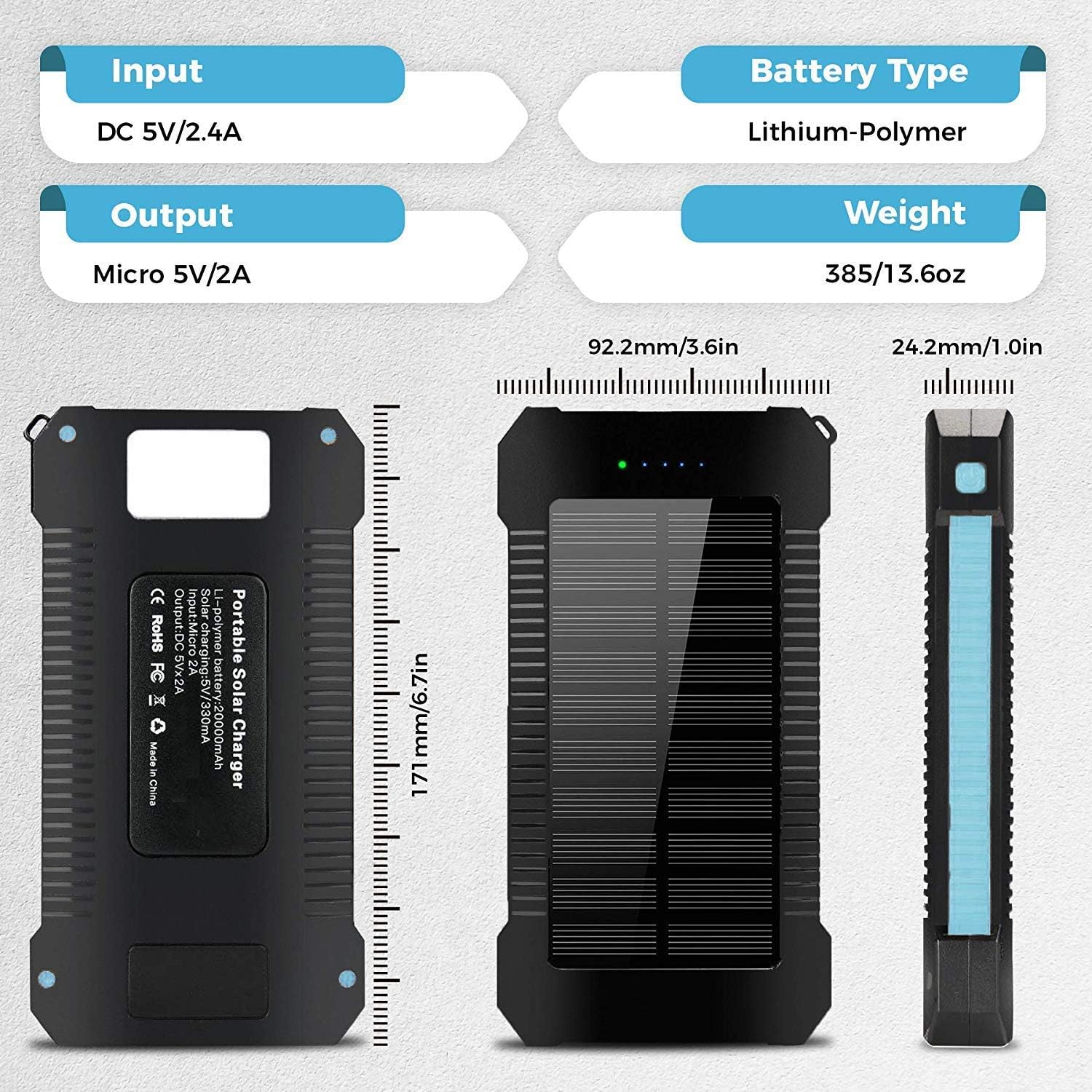 Hidver Solar Phone Charger 20000mAh Portable Power Bank Waterproof Battery Packs with Dual Ports, Compass, Flashlight for Camping Solar Panel for Smartphones,GoPro Camera,GPS and Other Devices