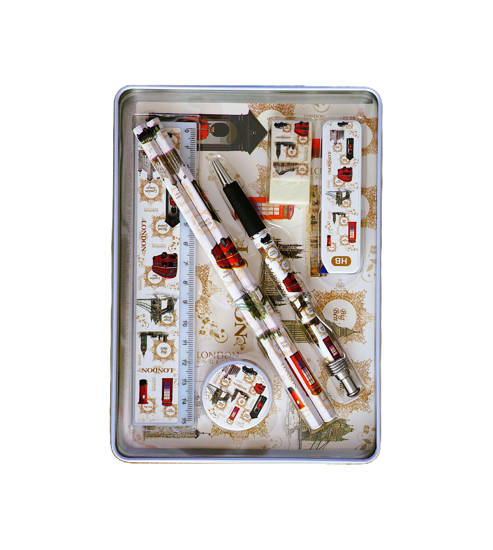 Famous London City Scenes Printed Metal Tin Pencil Case Stationery Set Souvenir