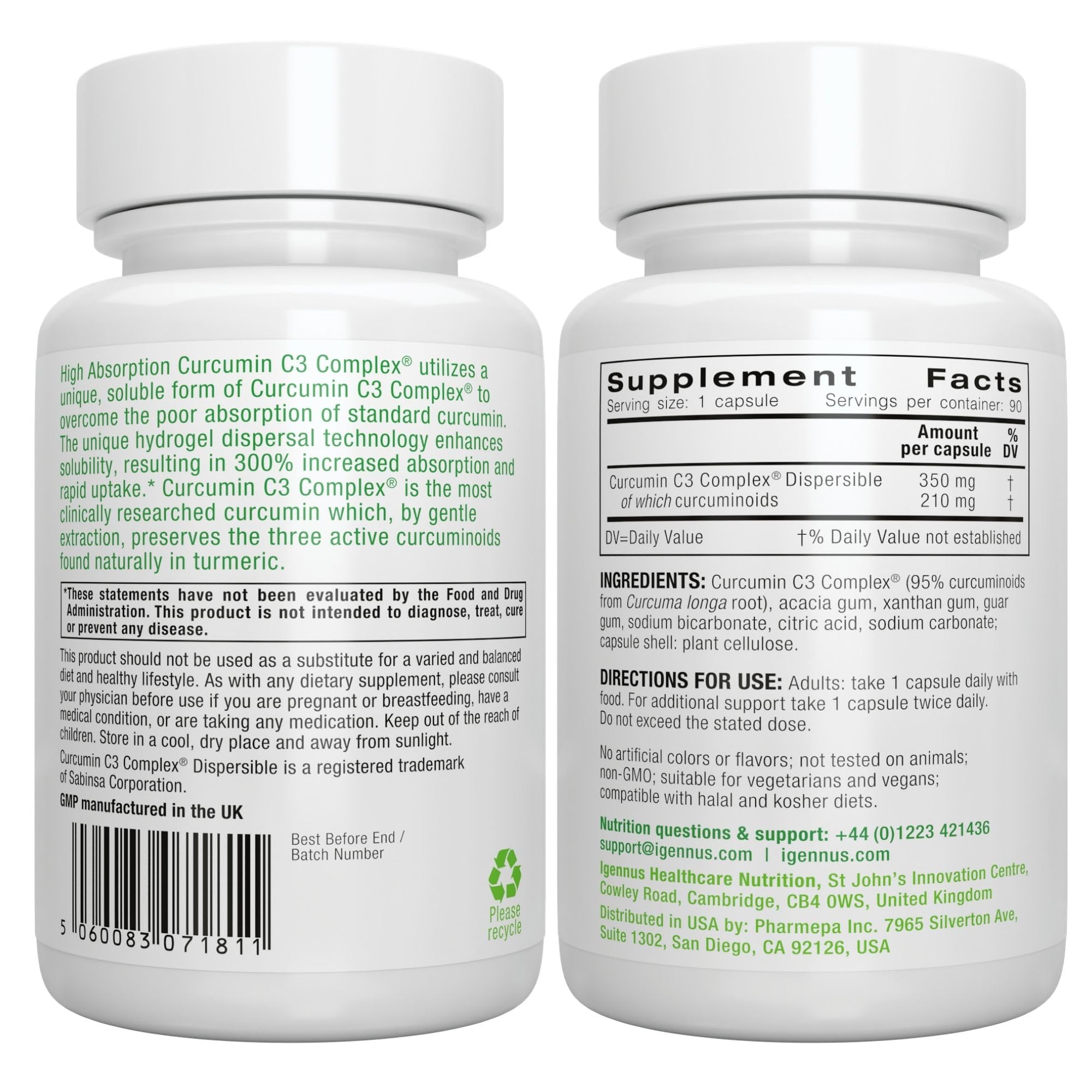 Igennus Advanced Curcumin C3 Complex, 300% Greater Absorption & Rapid Uptake, 95% Standardised Extract, 90 Servings, Clean Label, Vegan Supplement, 1-a-Day, 90 Capsules