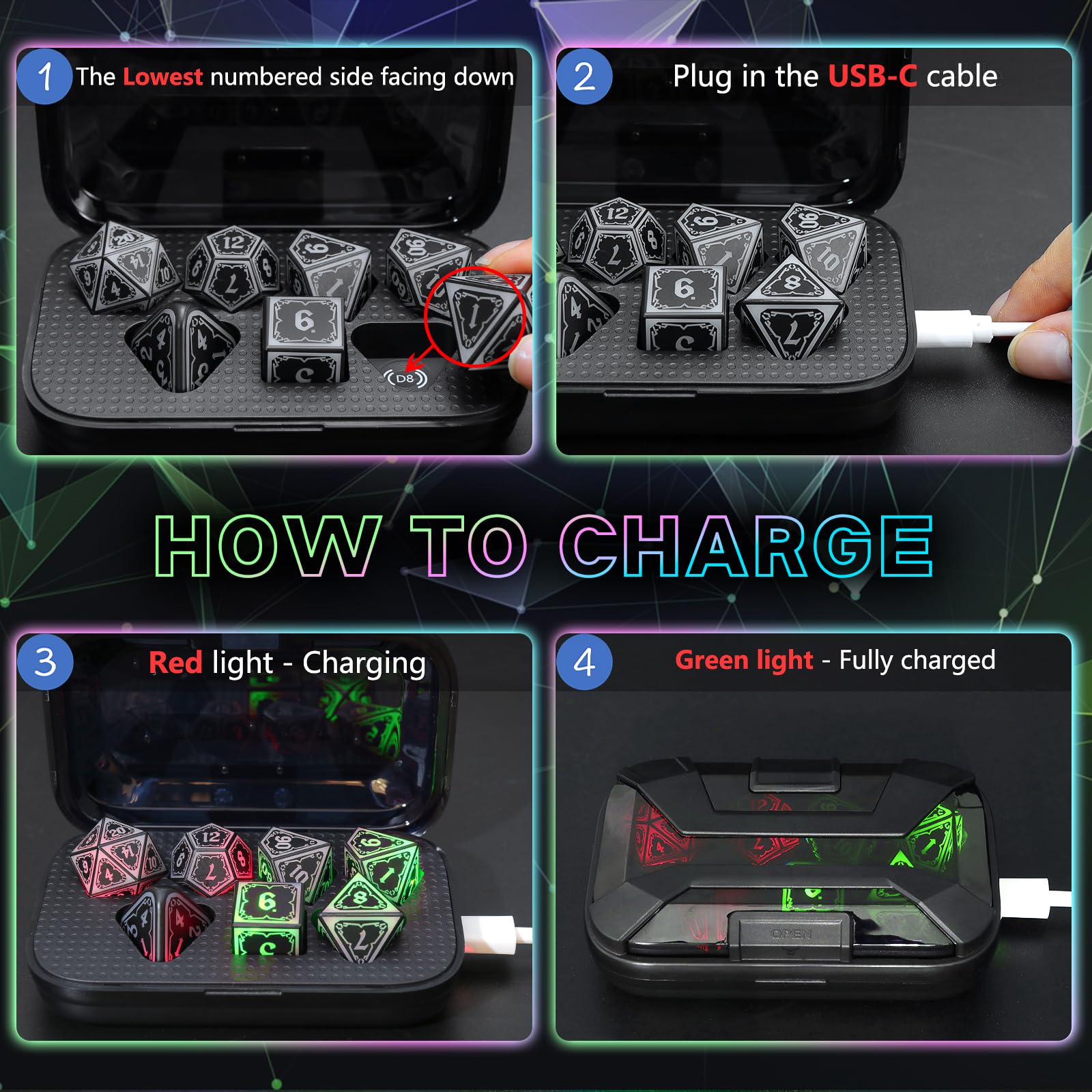 Light Up Dice Set D and D for Dungeons and Dragons 4 in 1 Color, Cool LED DND Dice with Charging Box Rechargeable Polyhedral Role Playing Dice for DND Gifts RPG (Astral Shard Mixed Colors)