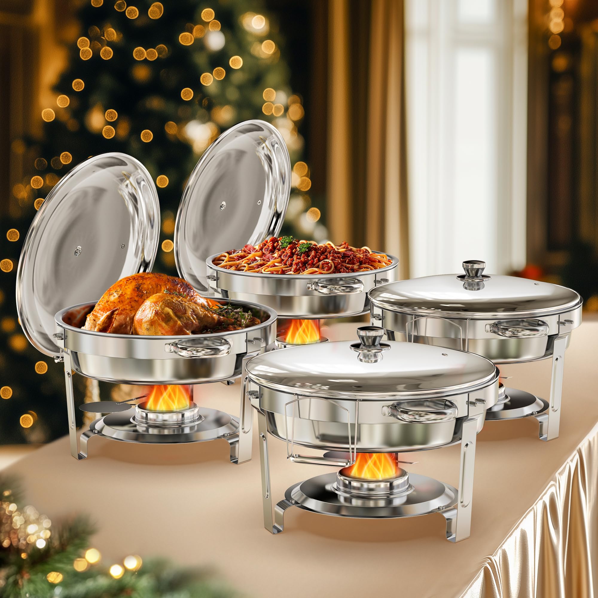 Photo 1 of **THE PHOTO AND DESCRIPTION ARE FOR REFERENCE ONLY.**WARMOUNTS Chafing Dishes for Buffet 5QT, [95% Pre-Assembled] Round Chafing Dish Buffet Set w/Lid Holder, Stainless Steel Chafers and Buffet Warmers Sets for Parties, Wedding, Camping, Dinner (4)