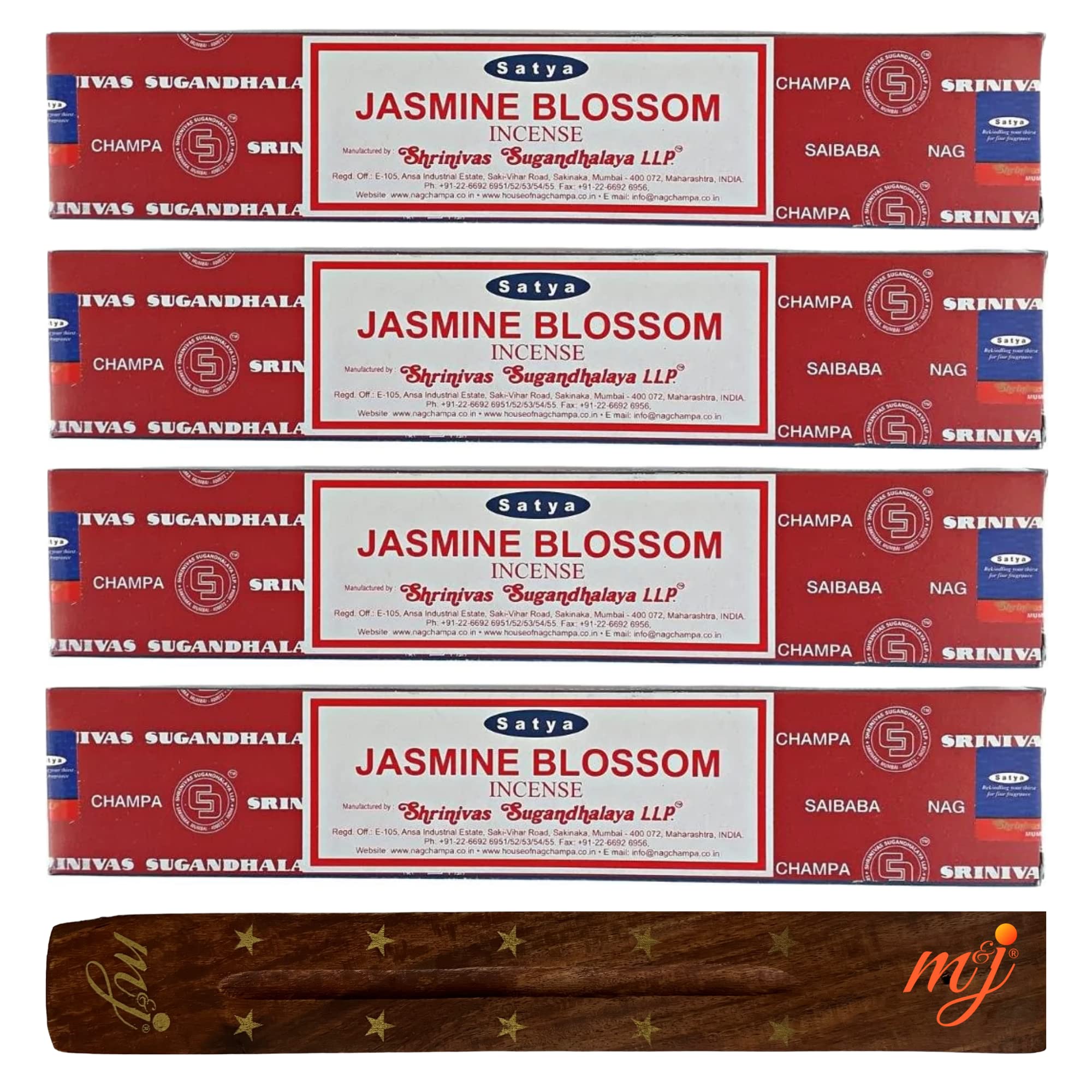Original Satya Nag Champa Jasmine Blossom Incense Sticks | with M&J incense sticks holder | x4 pack | for Aromatherapy, Spa, Yoga, Weddings, Meditation, Healing, Positivity and Relaxation