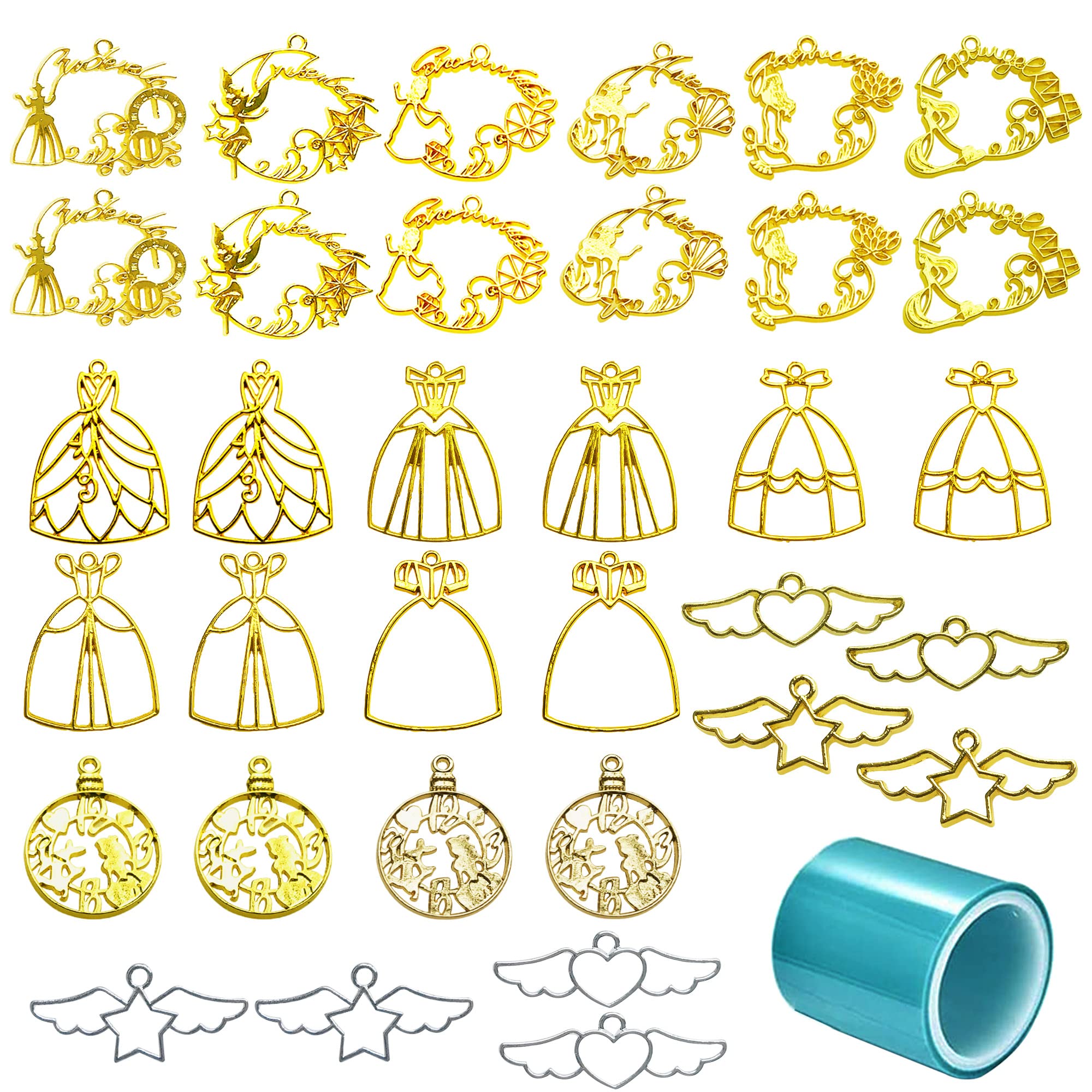 Allazone Open Bezel Charms, 34PCS Wings and Skirt Open Bezels for Resin 17 Style Alloy Frame Pendants 2 Color Hollow Resin Frames with Necklace for Resin Casting, Necklaces Earrings Making Supplies